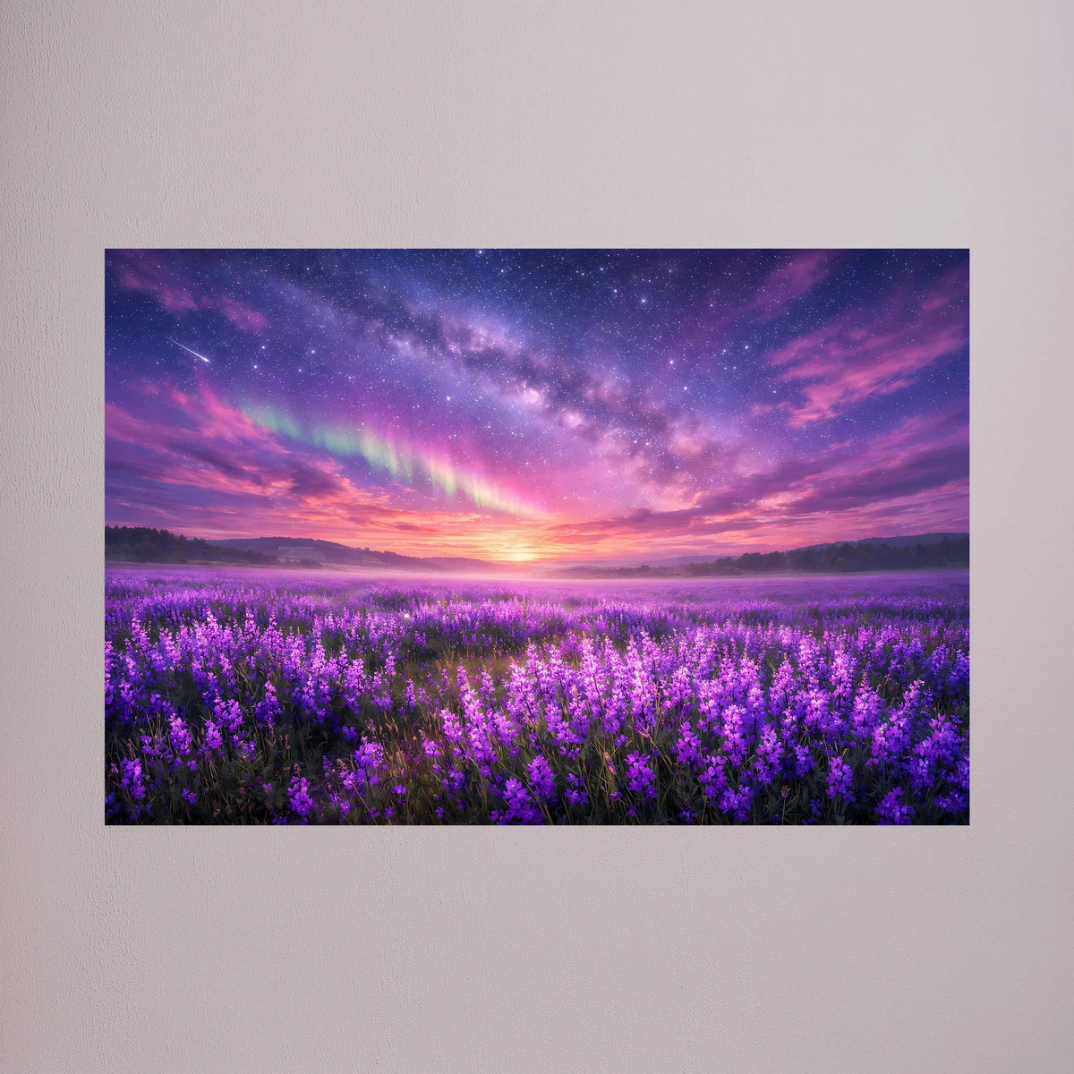 Nahansicht: Lavendelfeld-Wandposter mit Sonnenuntergang und Sternenhimmel, Querformat