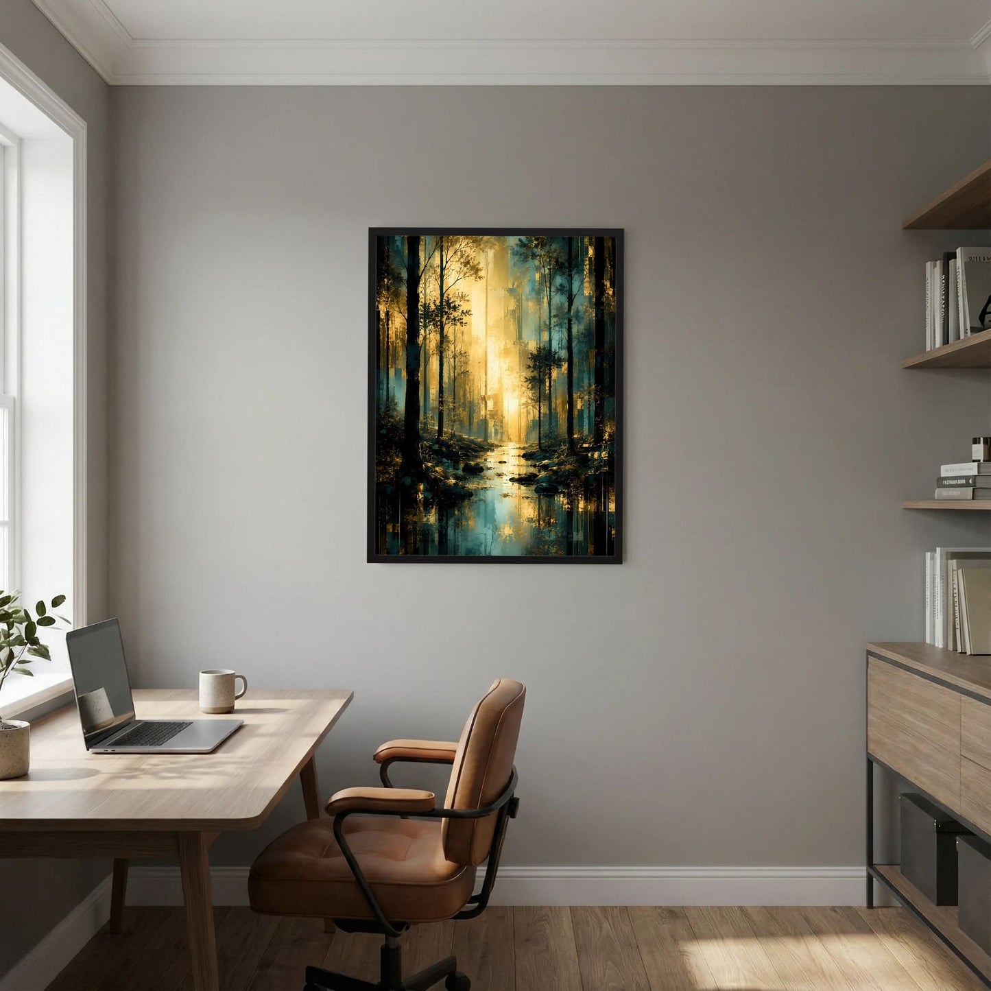 Hochformat-Poster mit Waldspiegelung in Türkis und Gold, schwarzer Rahmen