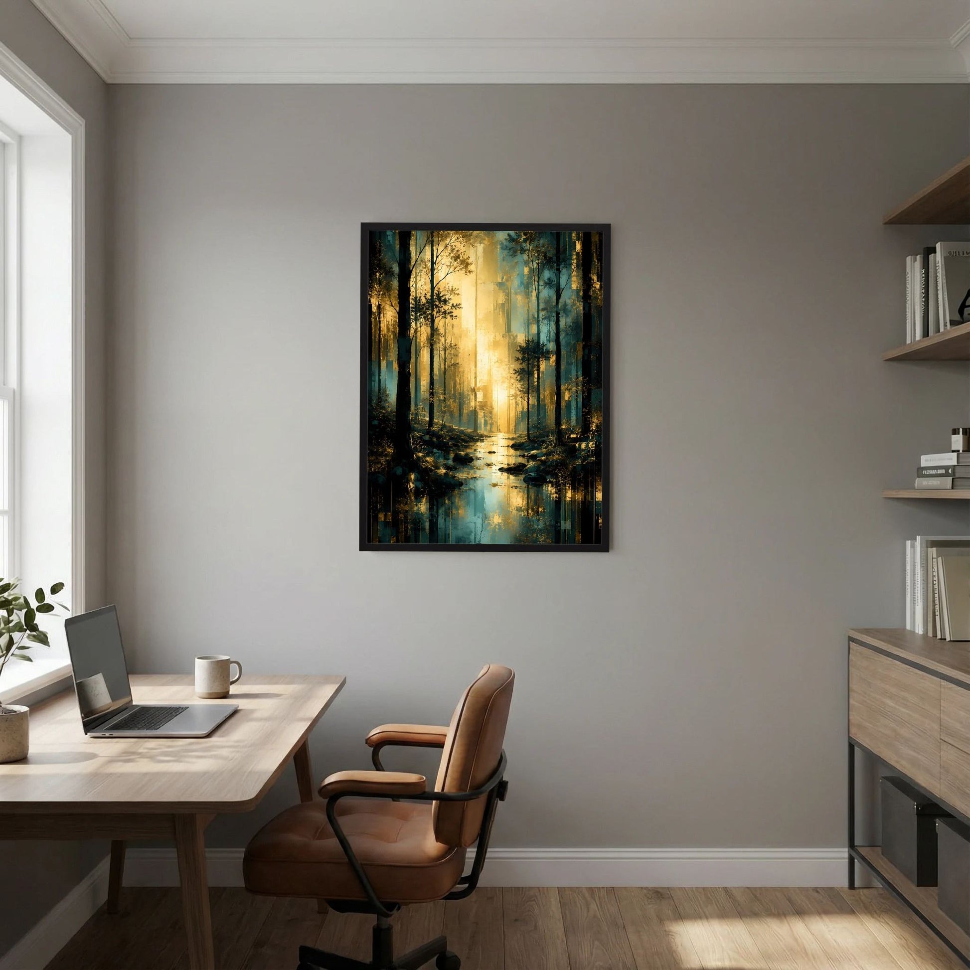 Hochformat-Poster mit Waldspiegelung in Türkis und Gold, schwarzer Rahmen