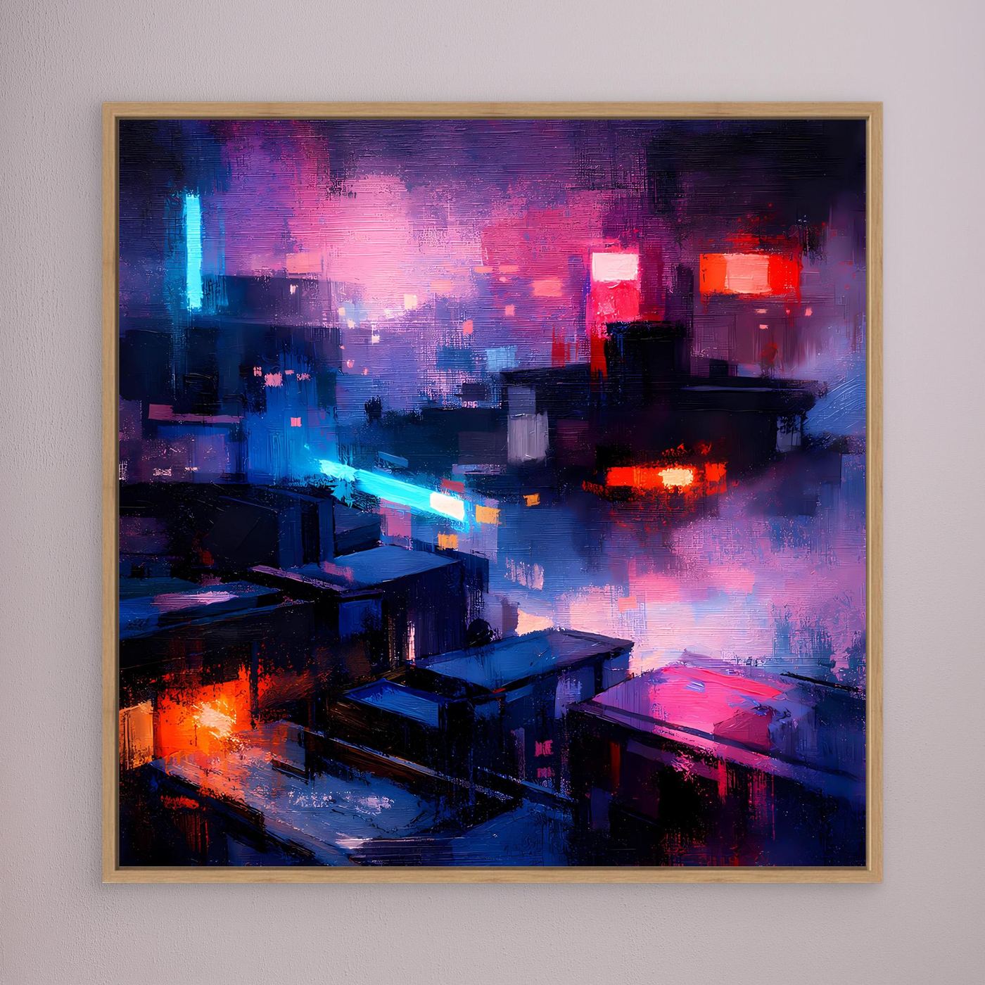 Leinwand Cyberpunk City bei Nacht | Modernes Neon-Dystopie Wandbild auf echter Leinwand