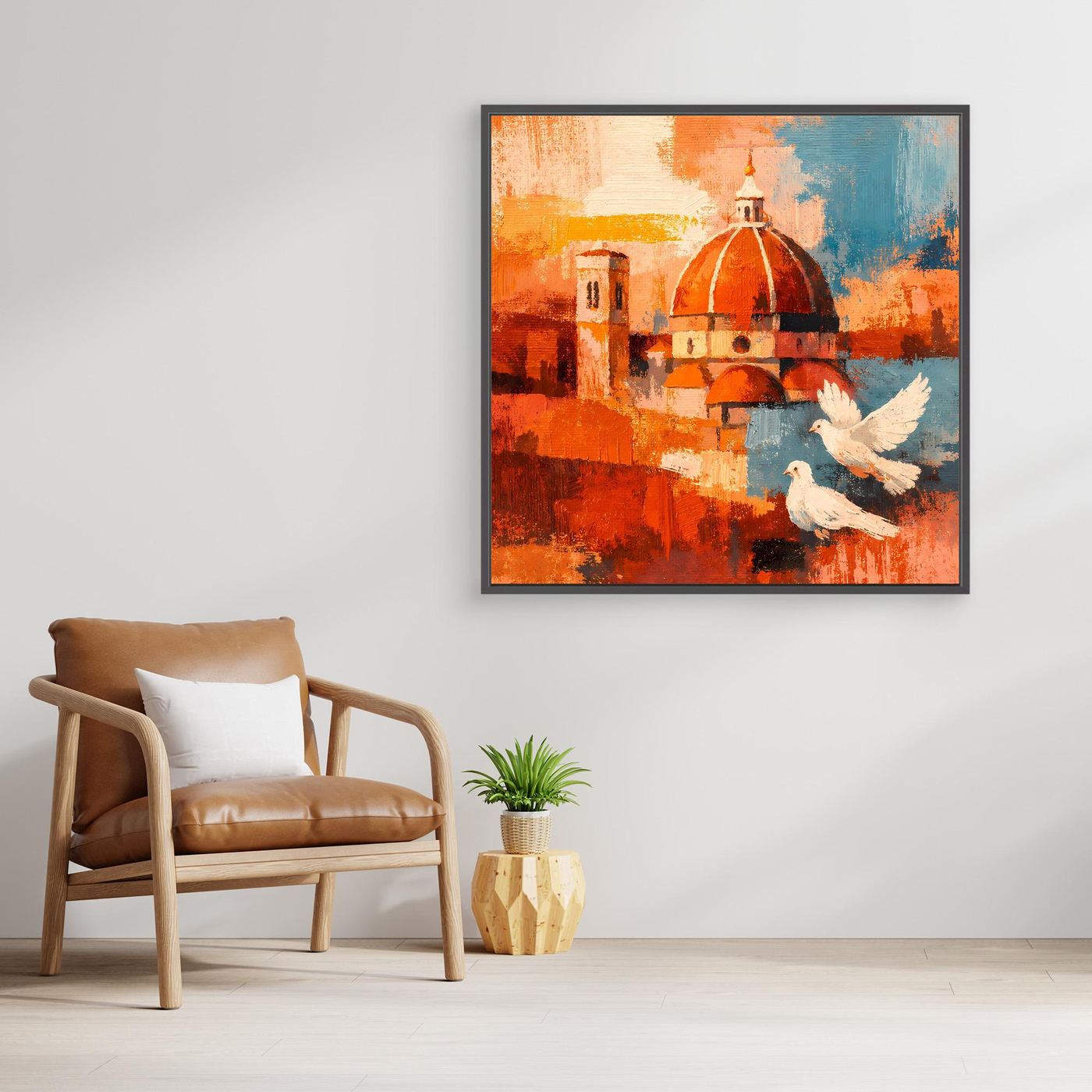 Abstraktes Wandbild mit Rahmen in dunklem Braun: orange Kuppel und weiße Tauben