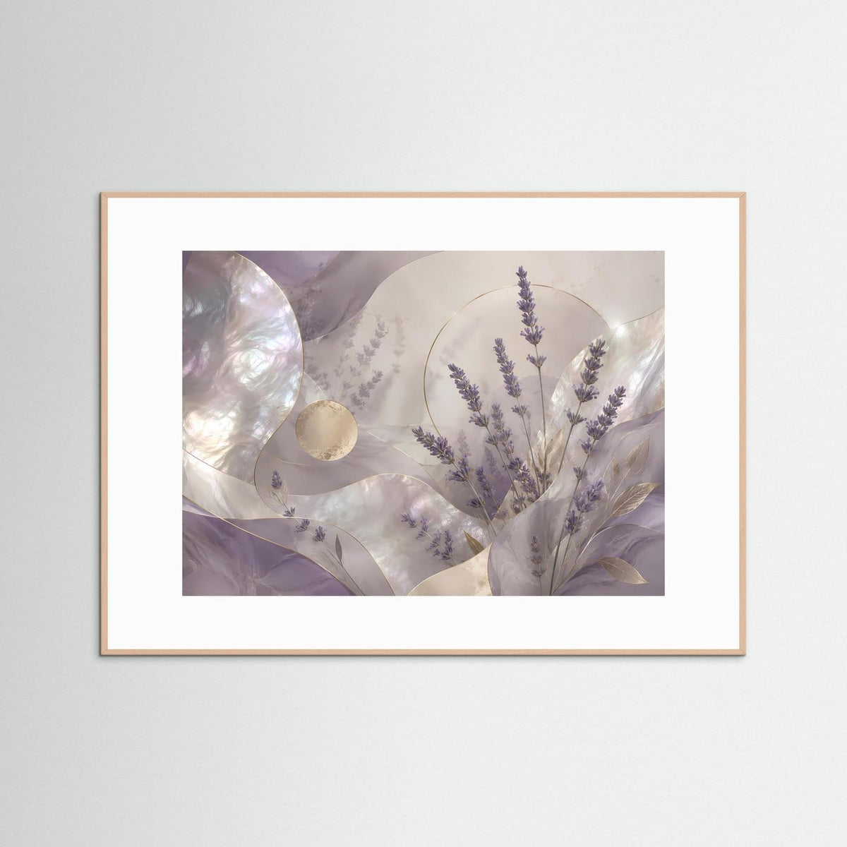 Querformat-Poster mit abstrakter Lavendel-Botanik, lila Blüten, goldene Akzente, hellerer Holzrahmen
