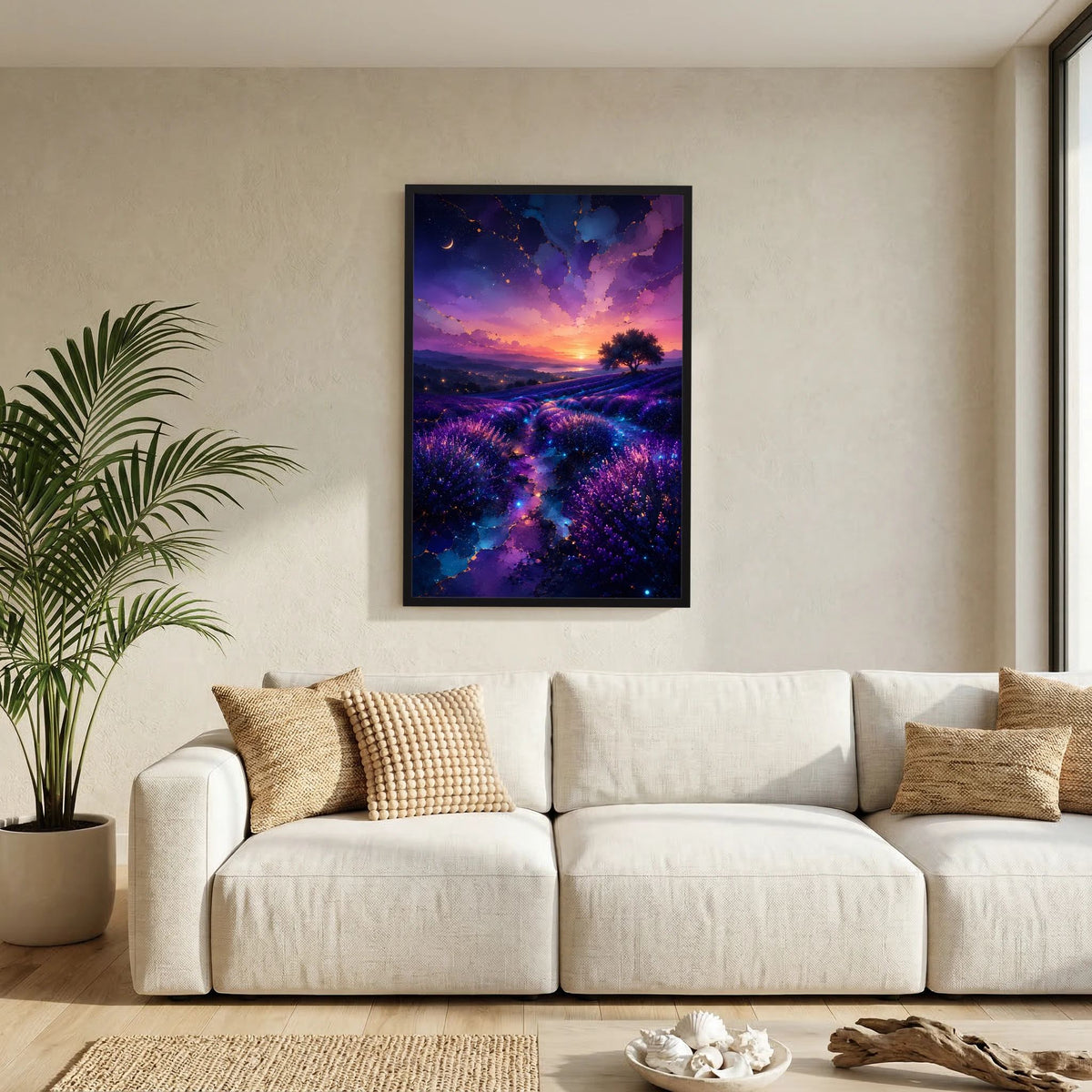 Hochformat-Poster mit Lavendelfeld in Violett und Blau bei Sonnenuntergang, schwarzer Rahmen