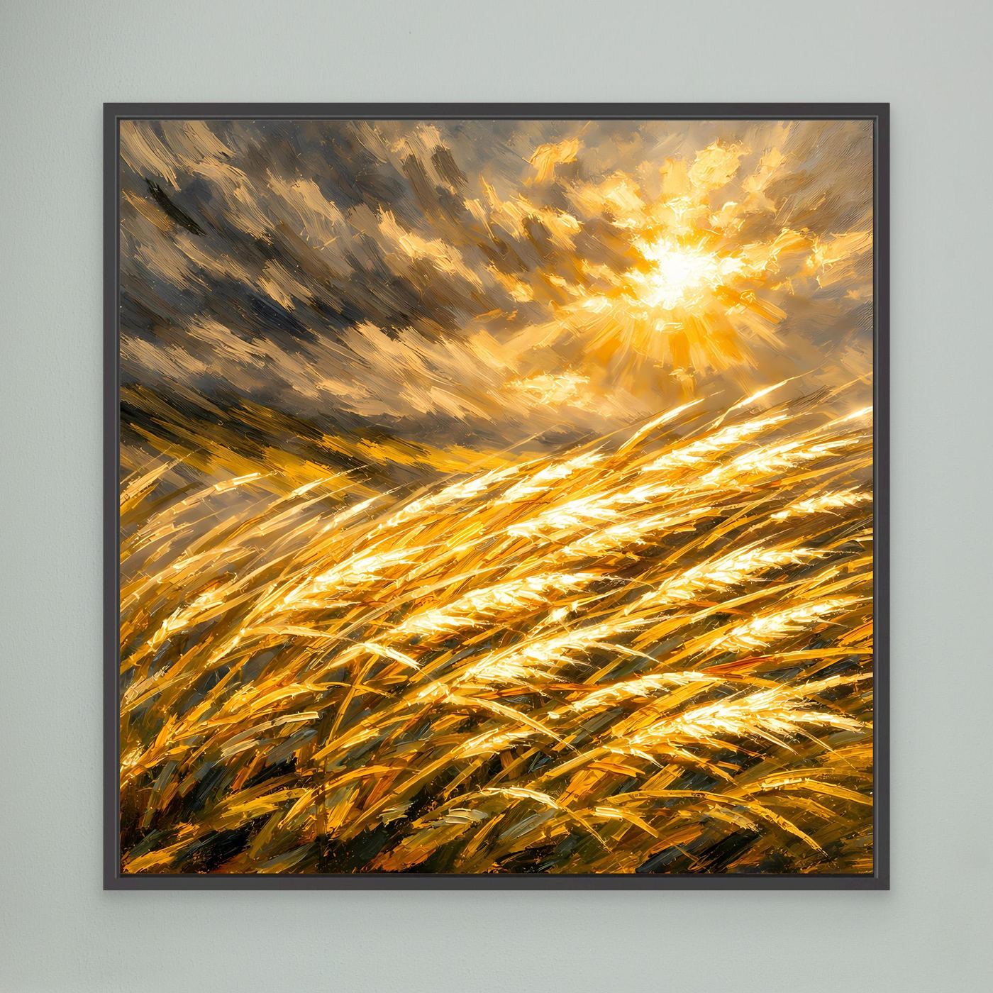 Leinwandbild mit goldenem Weizenfeld und Sonnenuntergang, schwarz gerahmt