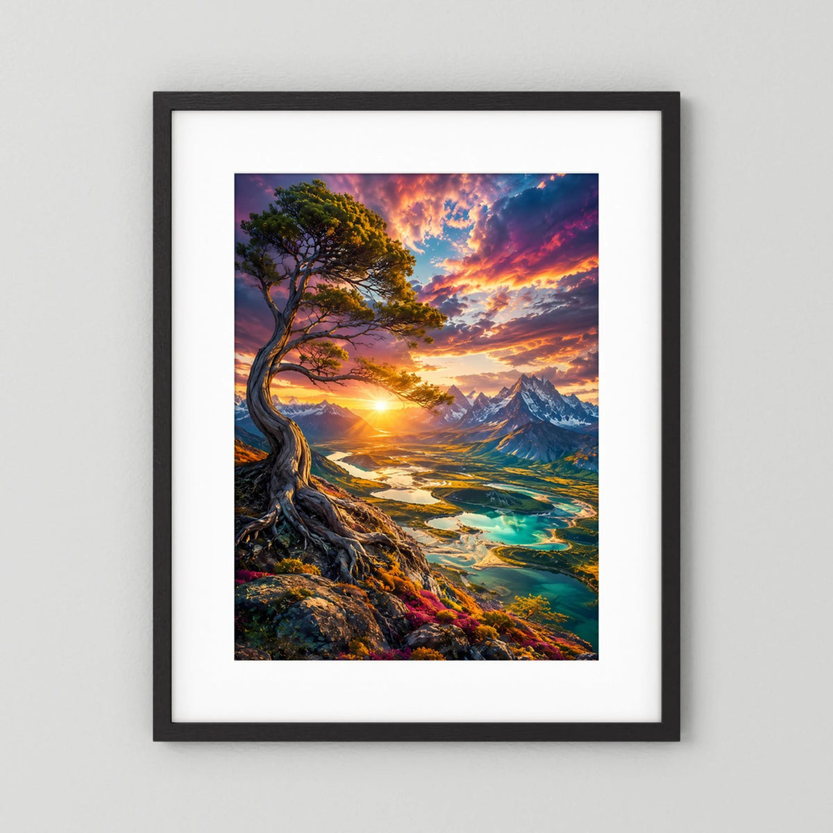 Majestätischer Baum über Bergtal | Leuchtender Sonnenuntergang & türkisfarbene Seen | Poster Hochformat