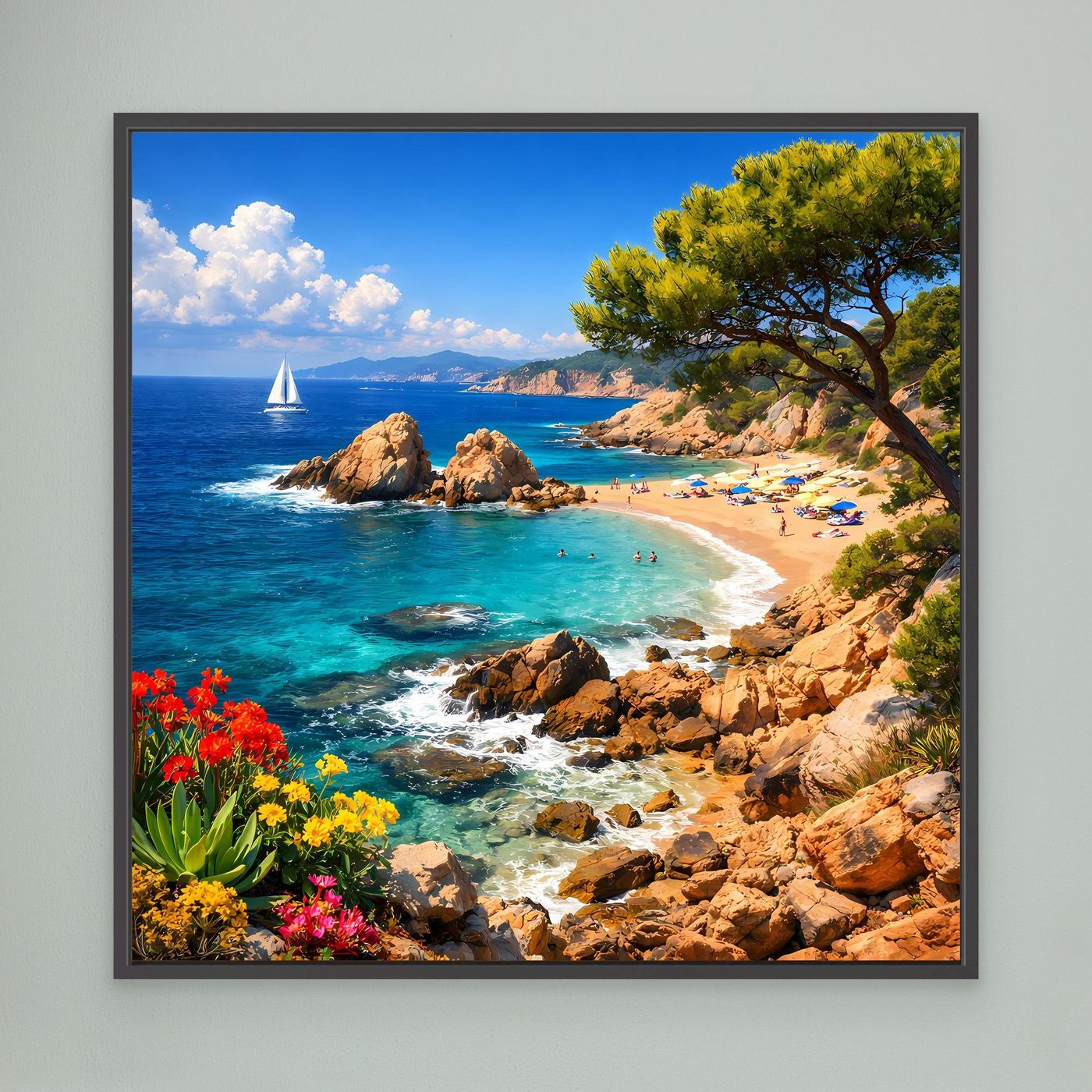 Leinwand-Wandbild mit Küstenbucht: türkisfarbenes Meer, Strand, Pinie, Felsen und Segelboot