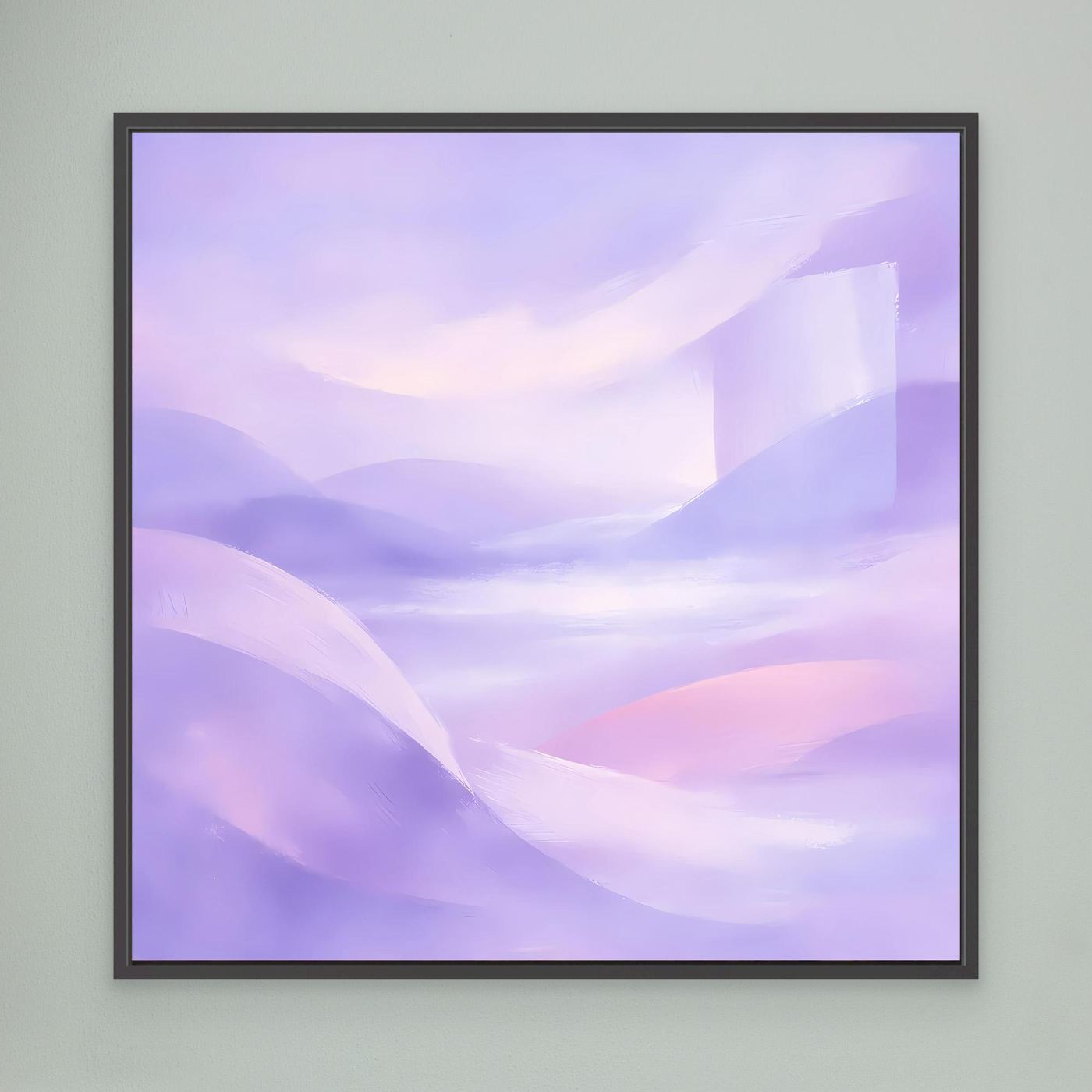 Abstraktes Leinwandbild in Pastell-Violett und Rosa, mit schwarzem Rahmen