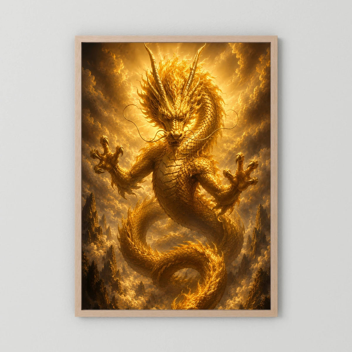 Poster im Hochformat mit goldenem chinesischem Drachen, hellbrauner Holzrahmen
