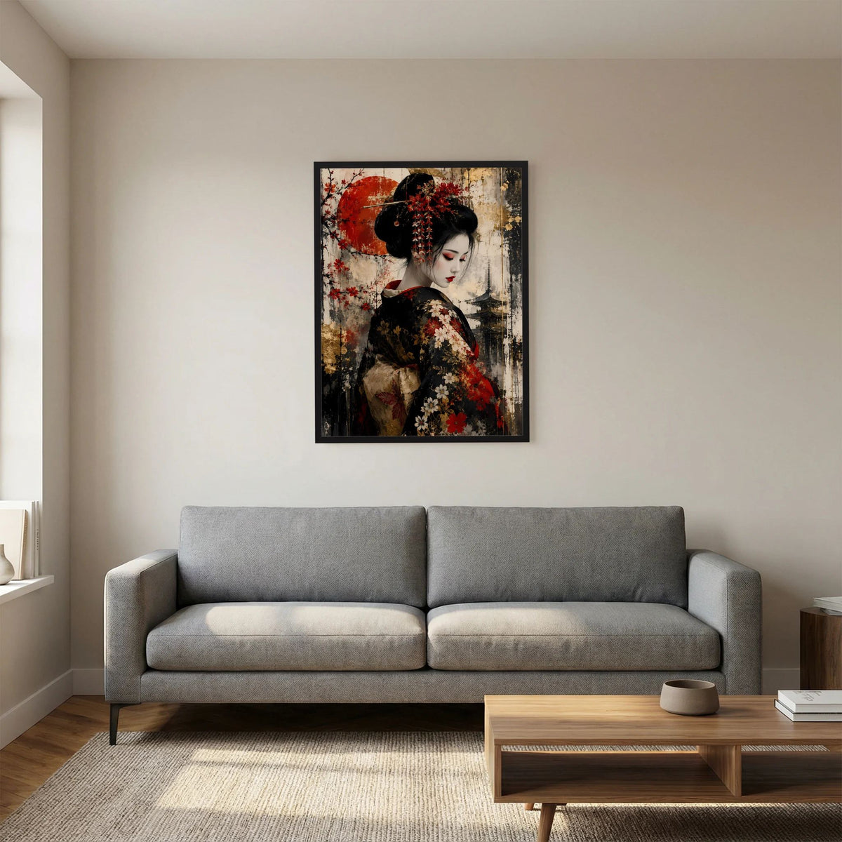 Gerahmtes Poster mit Porträt einer japanischen Frau, schwarzer Haarschmuck mit roten Blumen
