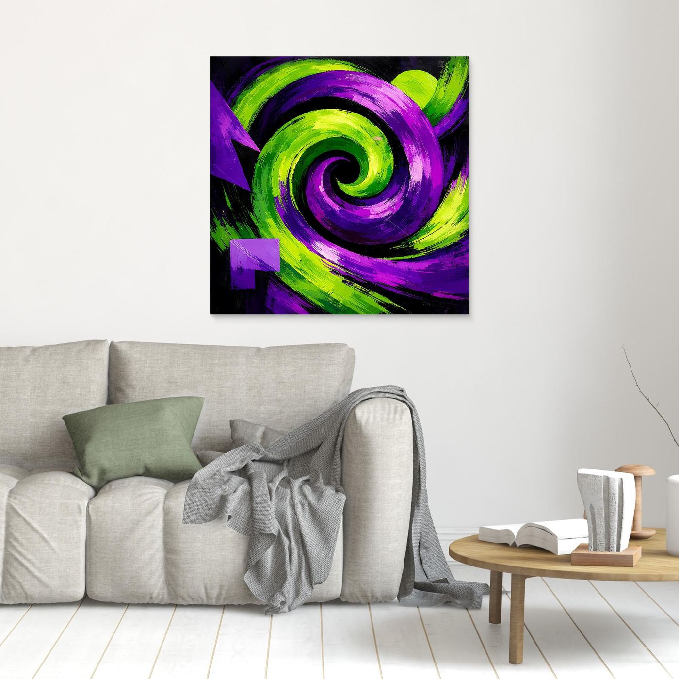 Leinwandbild mit abstraktem Spiralstrudel in Grün und Violett, kompakt und quadratisch