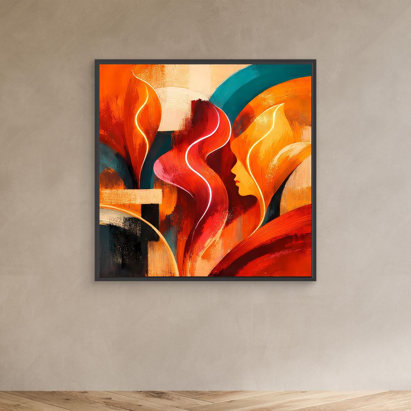 Abstraktes Leinwandbild mit bunten Skyline-Formen, dunkel gerahmt
