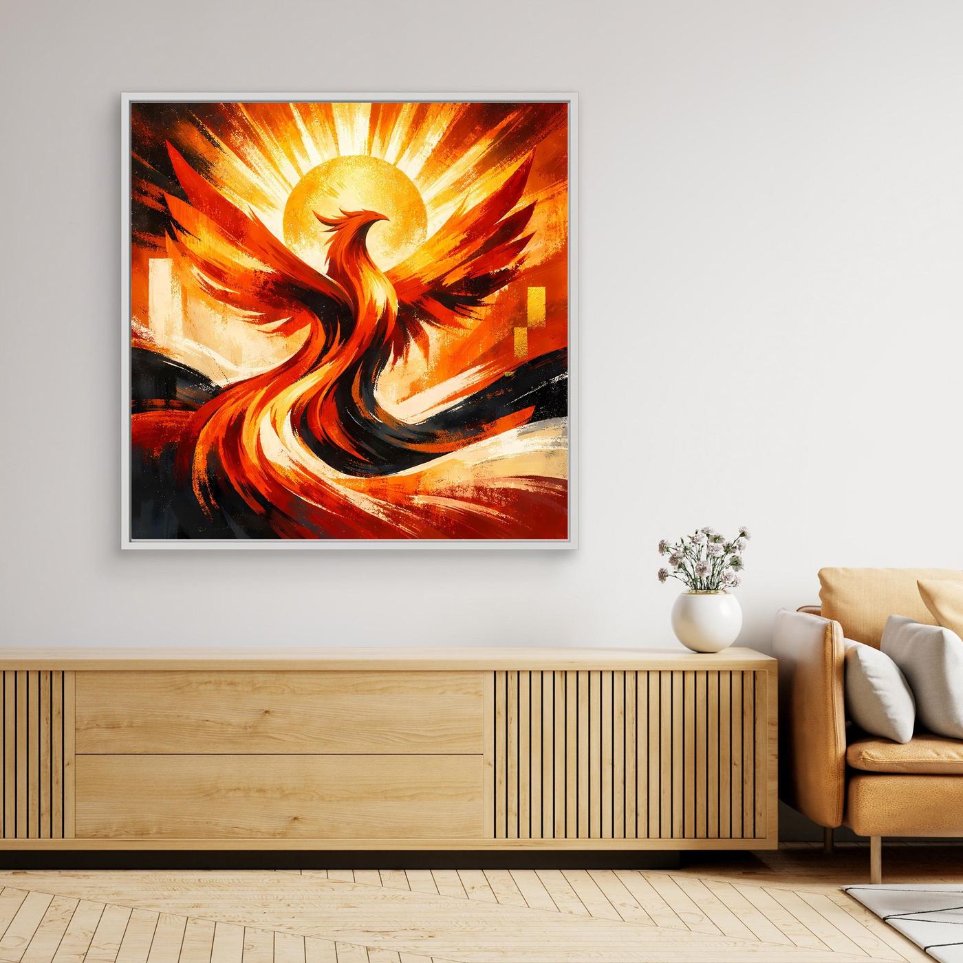 Leinwandbild mit goldenem Phönix, Flügeln und Sonnenstrahlen in Rot-Orange