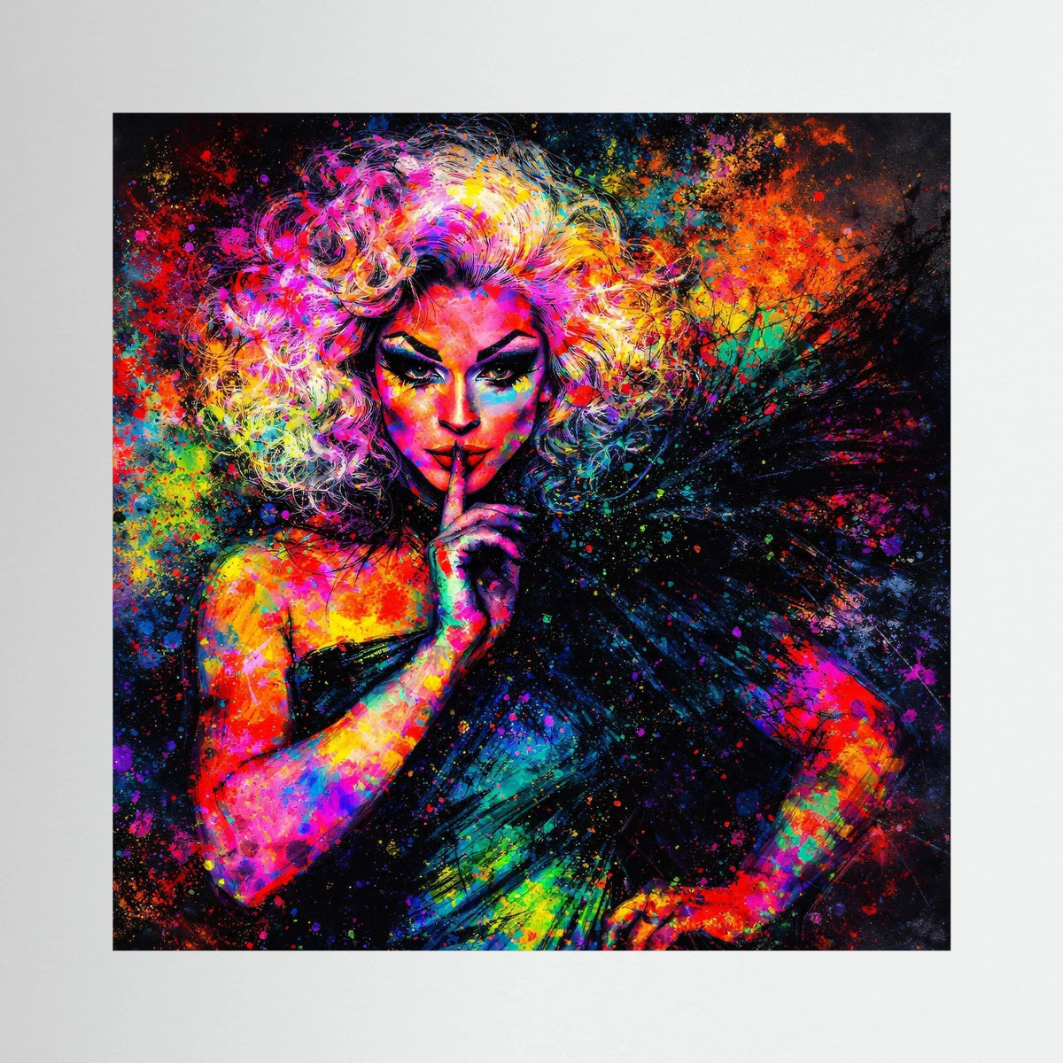 Keilrahmen-Leinwandbild mit Nahansicht des Pop-Art-Drag-Queen-Porträts, bunte Farbpunkte