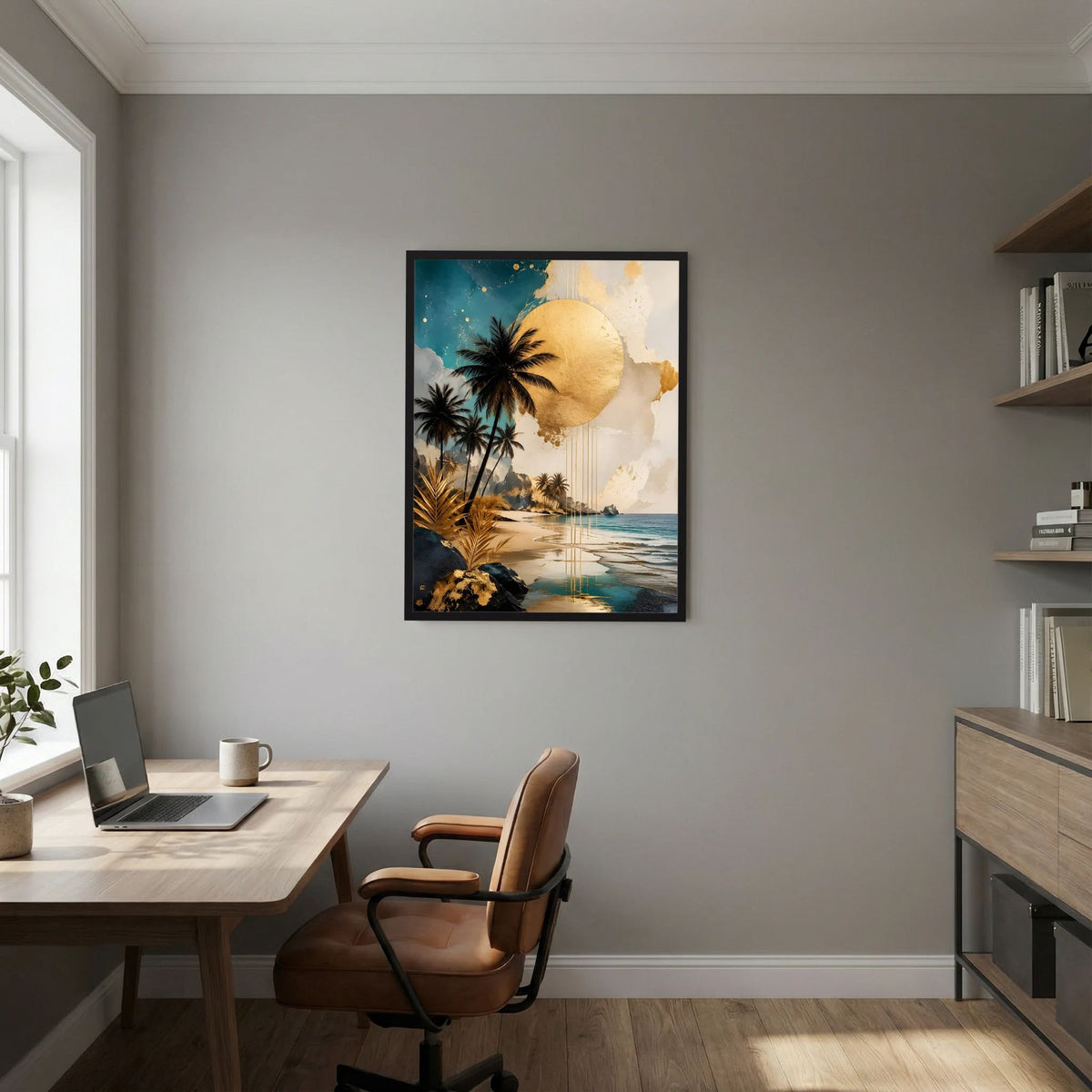 Gerahmtes Poster mit tropischer Küstenlandschaft, Palmen und goldener Sonne