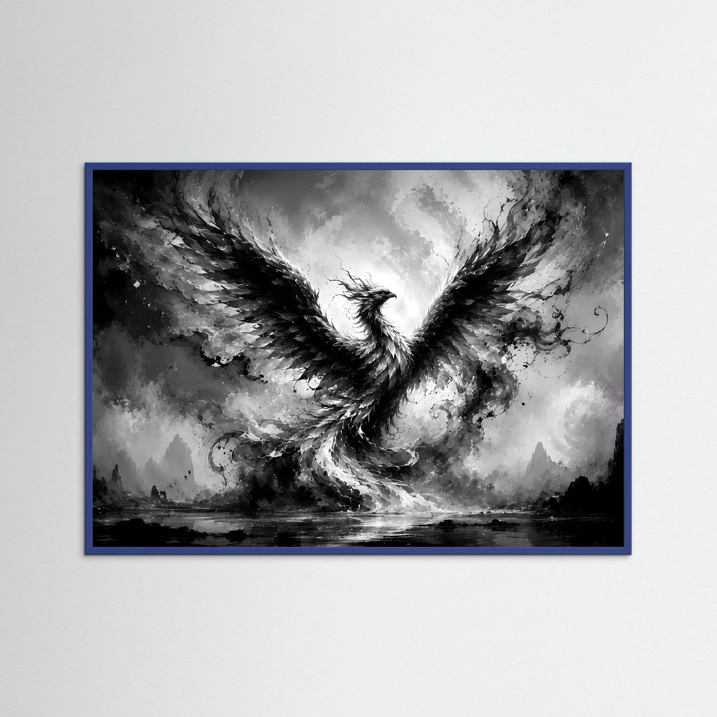 Phönix aus Licht und Schatten | Mystische Schwarz-Weiß Wandkunst – Abstrakter Feuervogel