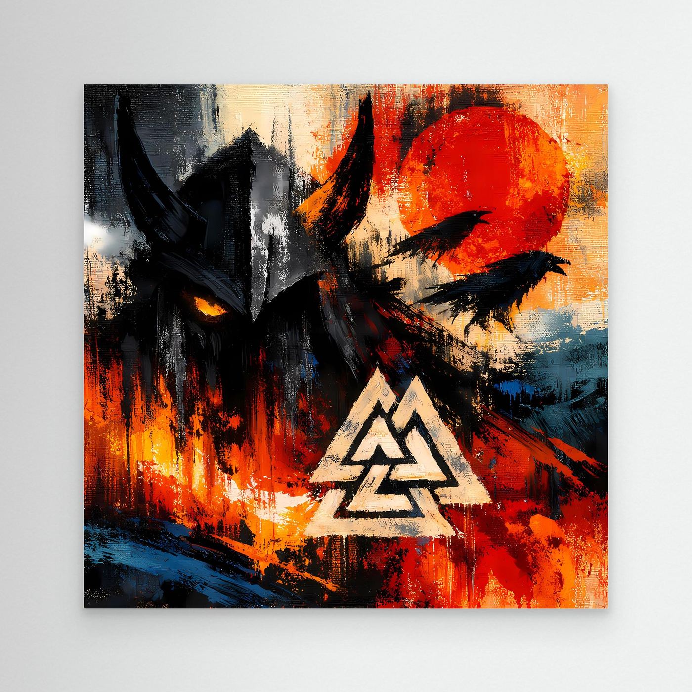 Leinwand-Wandbild mit Raben und weißem Valknut-Zeichen, farbiges Abstraktbild
