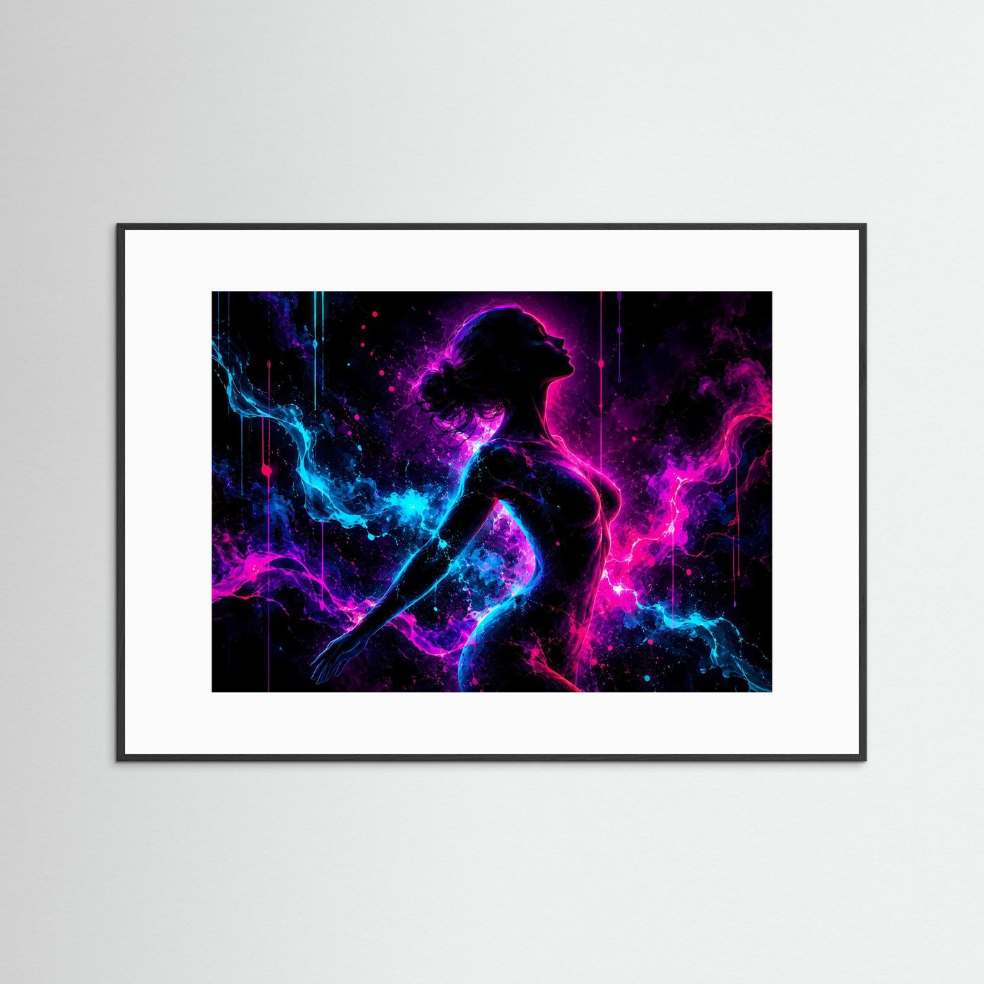 Neon Frauen Silhouette Poster | Abstrakte Moderne Wandkunst in Pink Blau | Leuchtender Frauenkörper | Futuristischer Kunstdruck