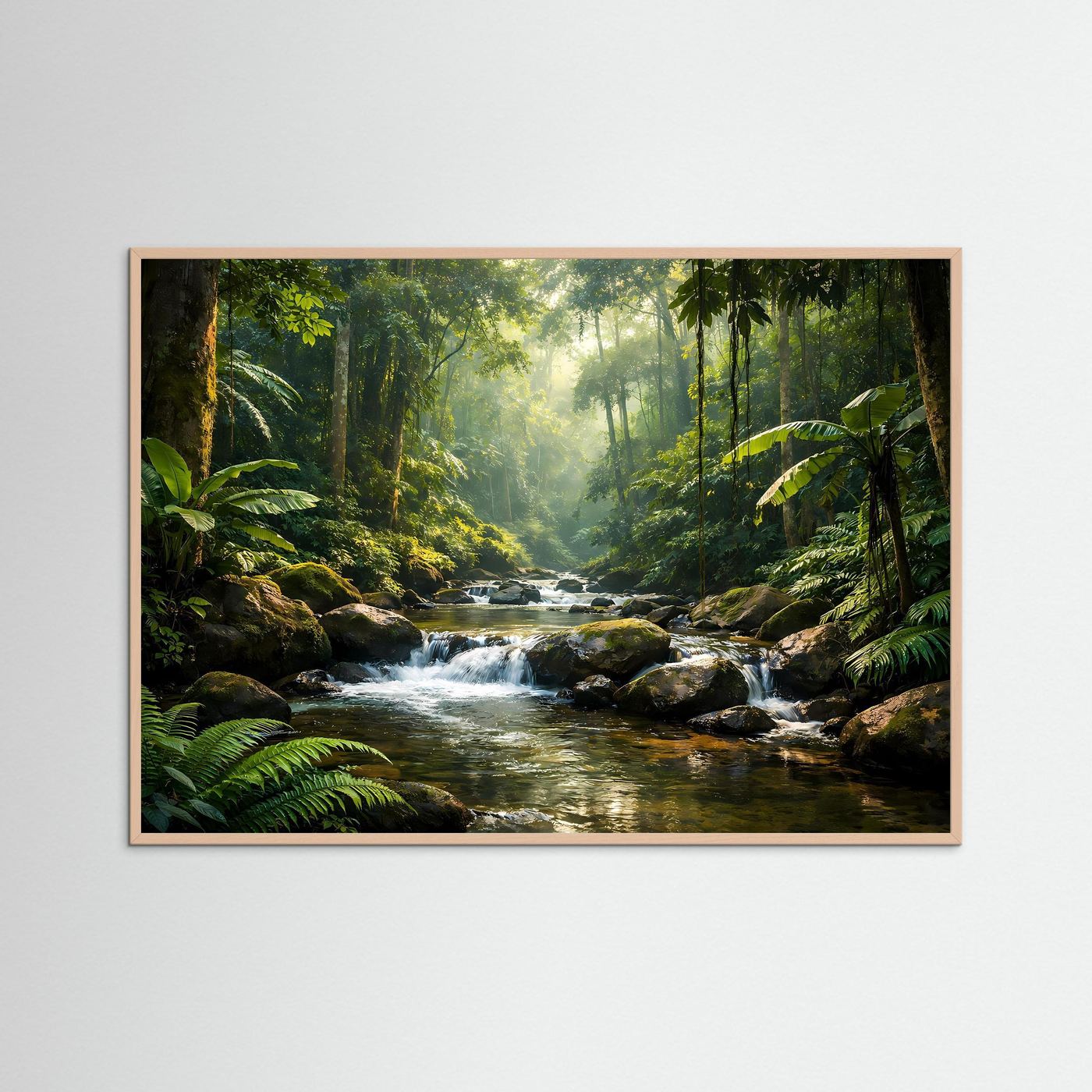 Querformat-Dschungelposter mit Flusslauf, eingerahmt in dunklem Holzrahmen