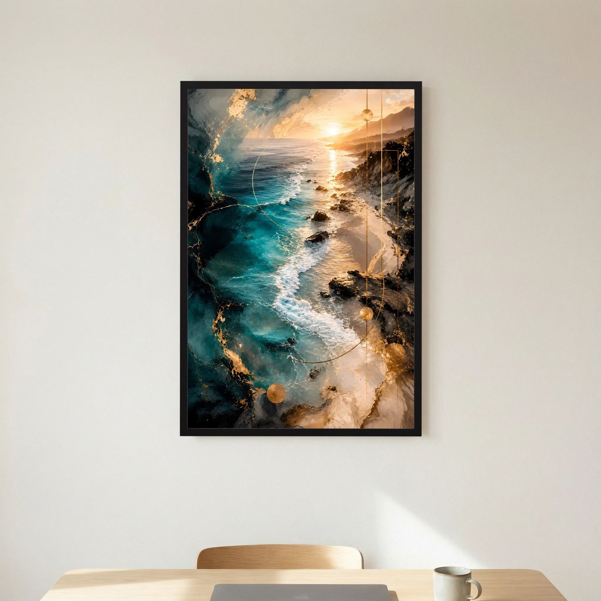 Poster im schwarzen Rahmen mit Sonnenuntergang über dem Meer, türkis und gold