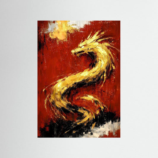 Drachenposter, abstraktes Gold auf rubinrot mit schwarzen Akzenten, hochformatig