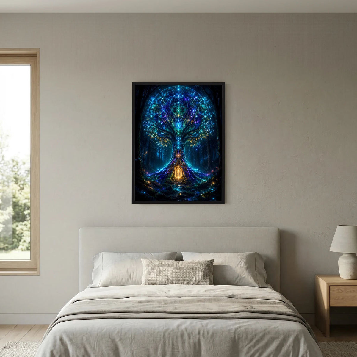 Poster mit schwarzem Rahmen: leuchtender blaugrüner Baum, goldenes Zentrum im Portal