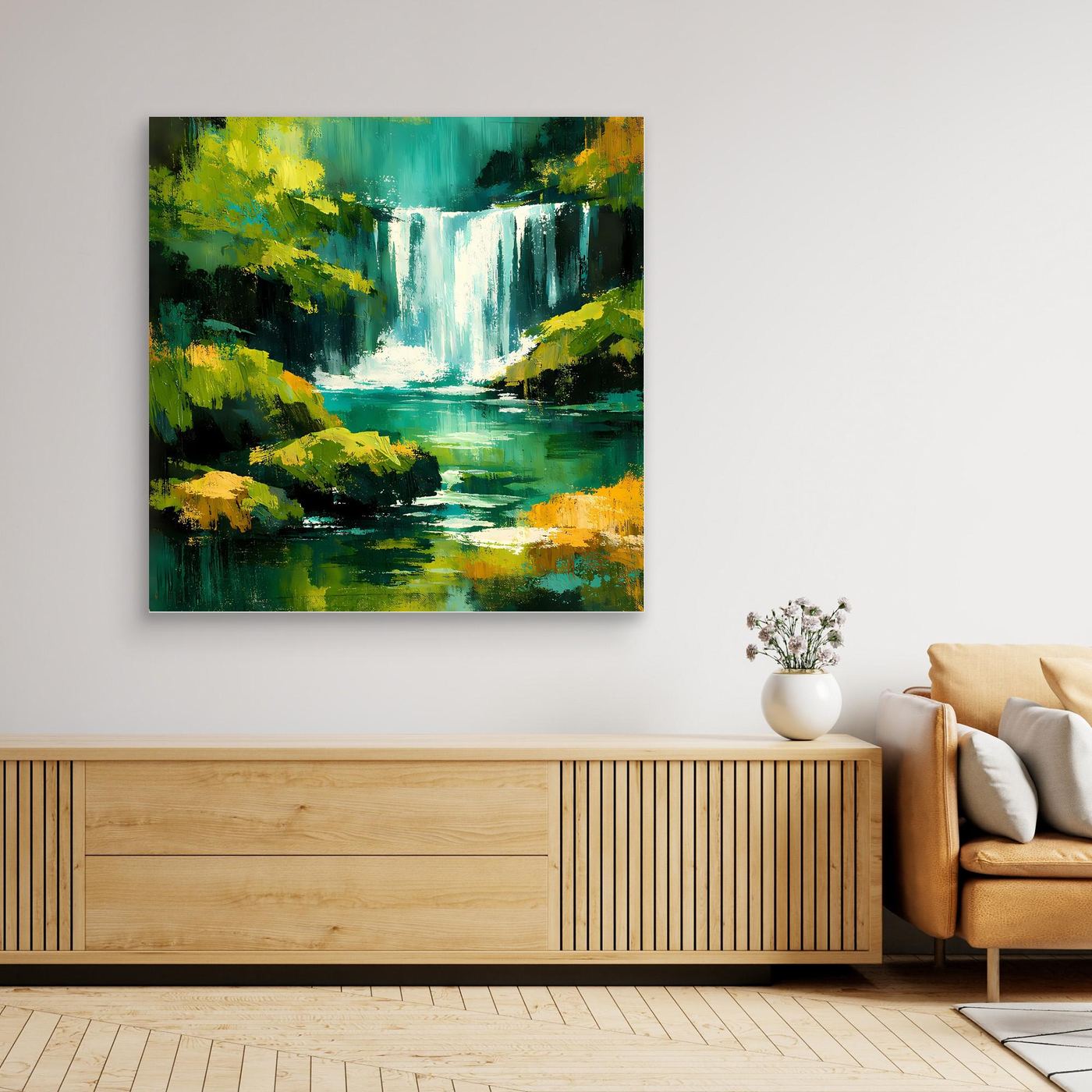 Leinwandbild mit abstraktem Wasserfall im Dschungel, ungerahmt.