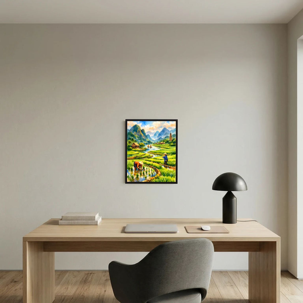Gerahmtes Hochformat-Wandposter mit Reisfeldern, Fluss, Pagode und Landschaft