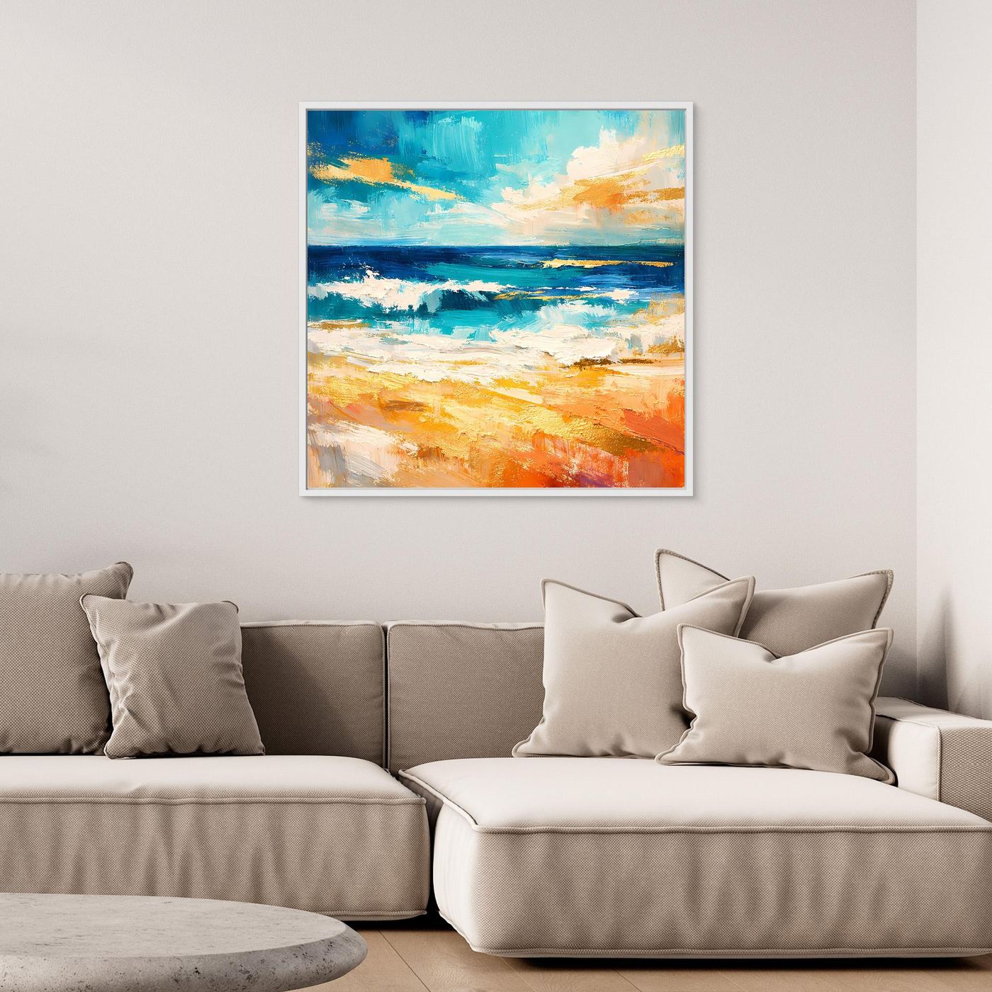 Leinwandbild mit abstraktem Meer- und Strandmotiv, Türkis/Blau/Orange, weißer Rahmen