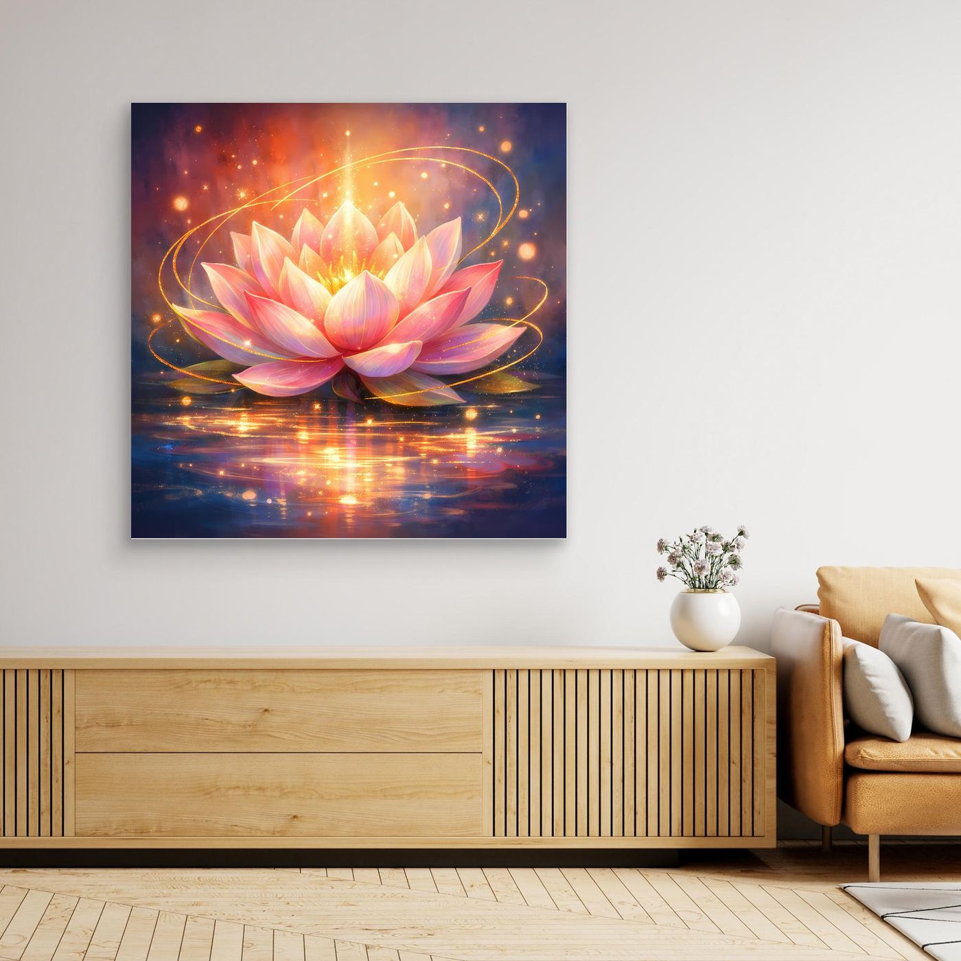Leinwandbild Leuchtende Lotusblüte mit dunklem Rahmen, warmes Licht und Spiegelung