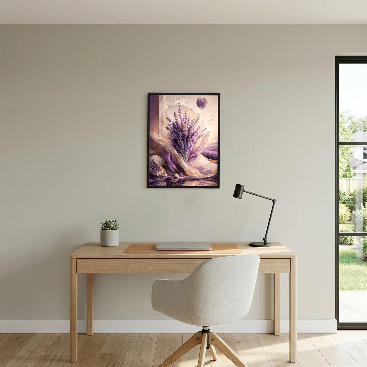 Lavendel-Poster im Hochformat mit violetten Blüten und goldenen Elementen, im Rahmen