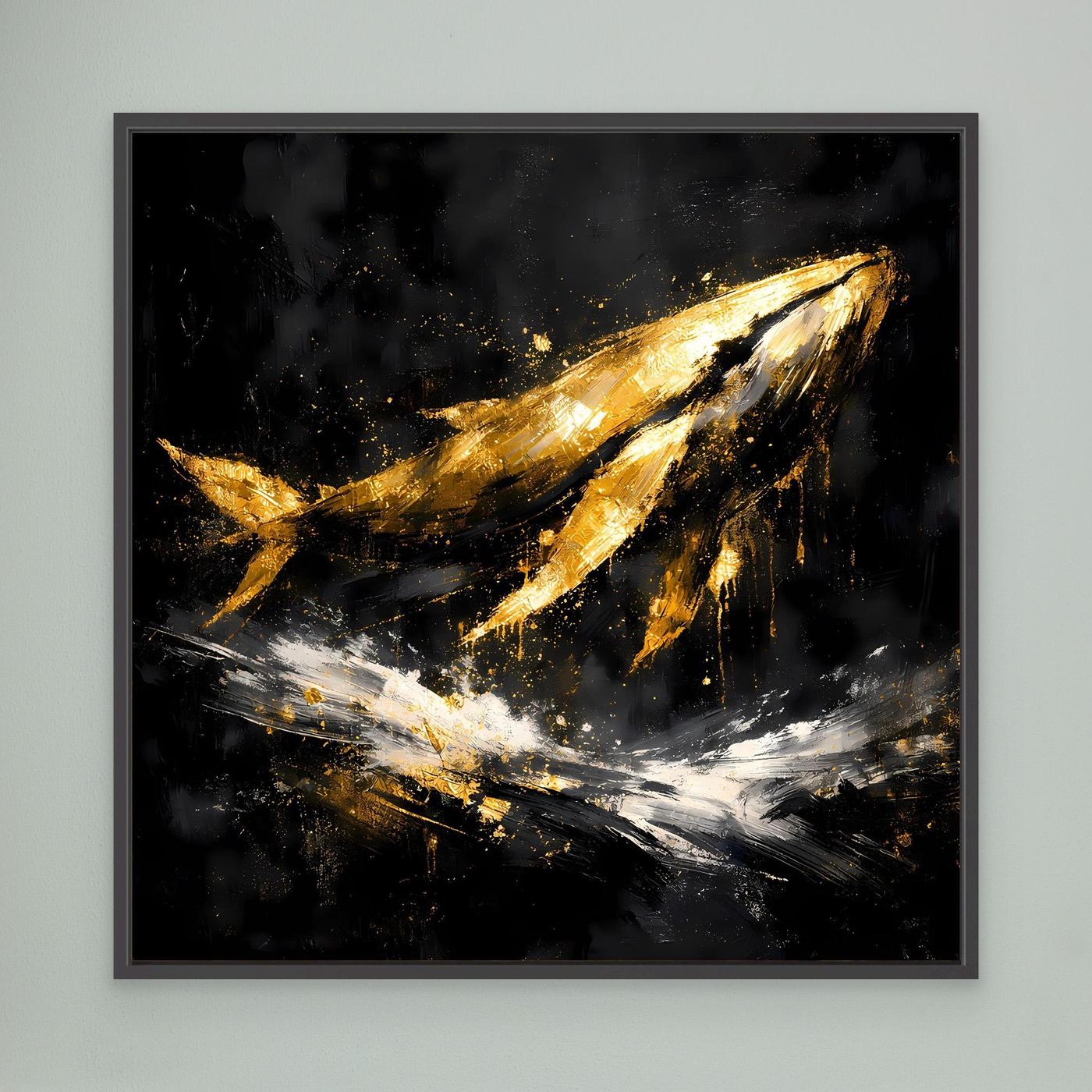 Leinwand Majestätischer Wal in Gold und Schwarz | Modernes Abstraktes Meeres Wandbild