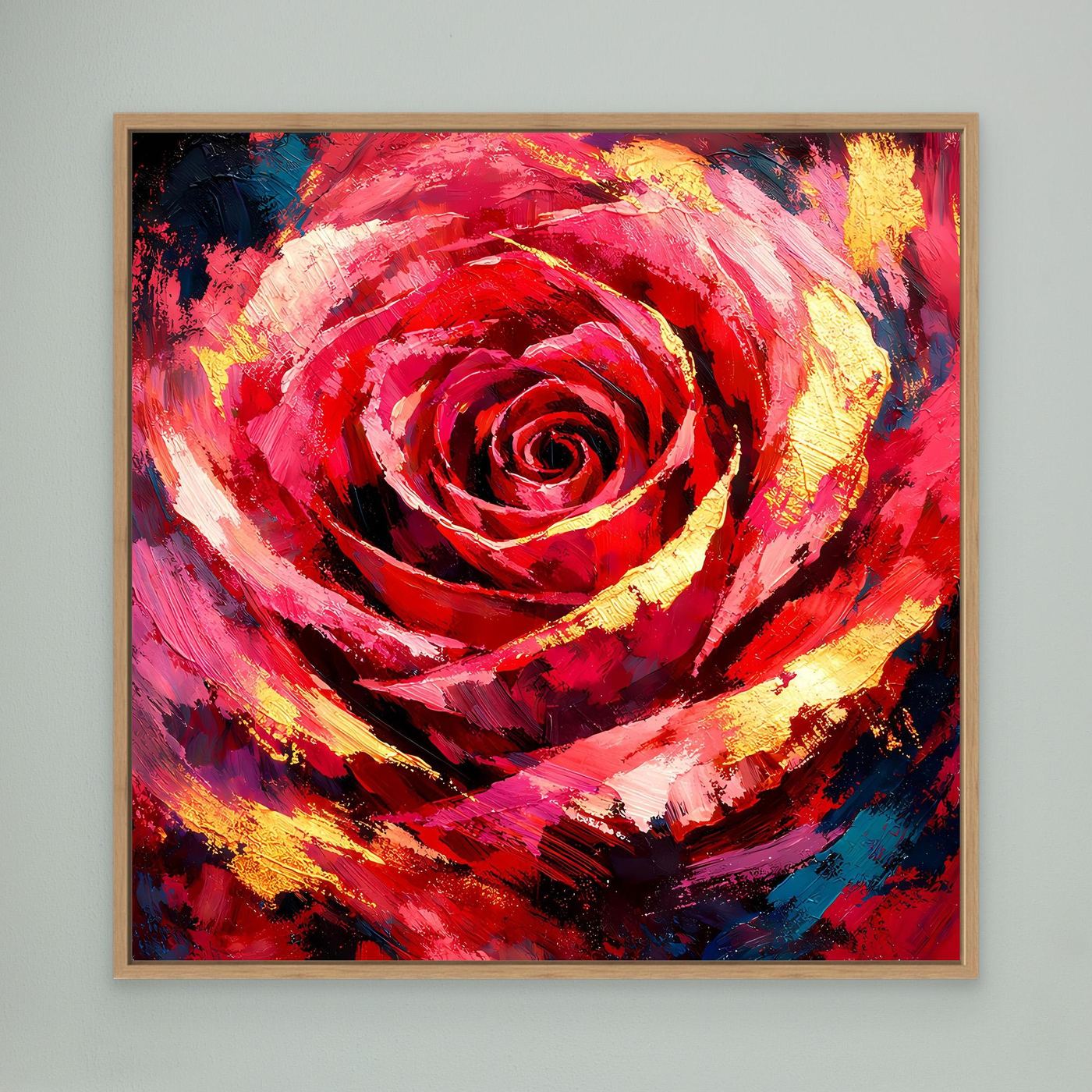 Leinwandbild mit abstrakter Rose, rot und gelb, mit Eichenrahmen