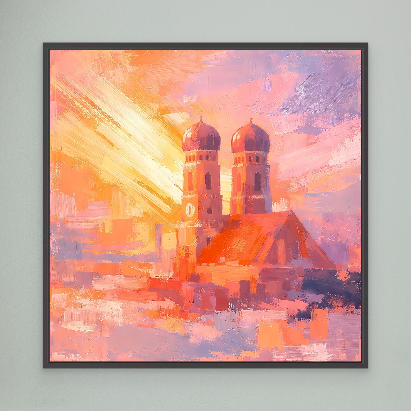 Premium Leinwand Frauenkirche München im Sonnenaufgang | Abstraktes Skyline Wandbild Bayern