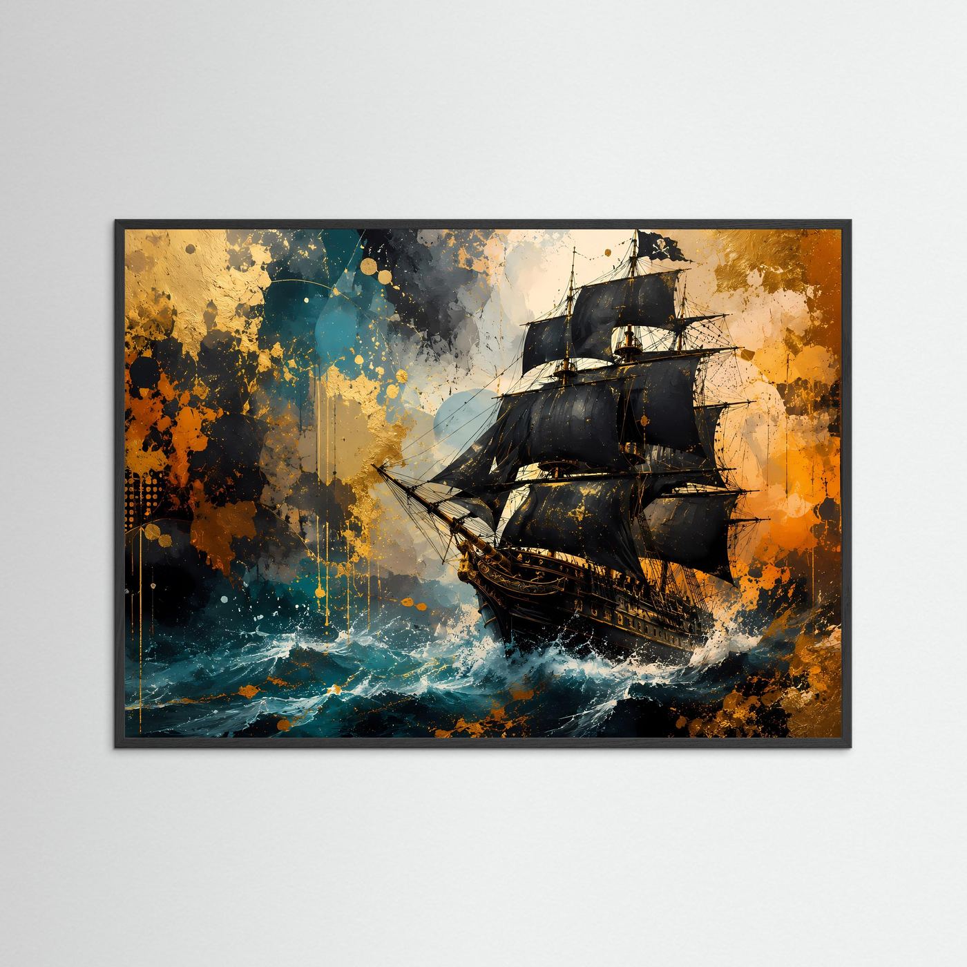 Historisches Segelschiff Poster Querformat | Abstrakte Maritime Wandkunst in Blau & Gold | Elegantes Piratenschiff Wandbild