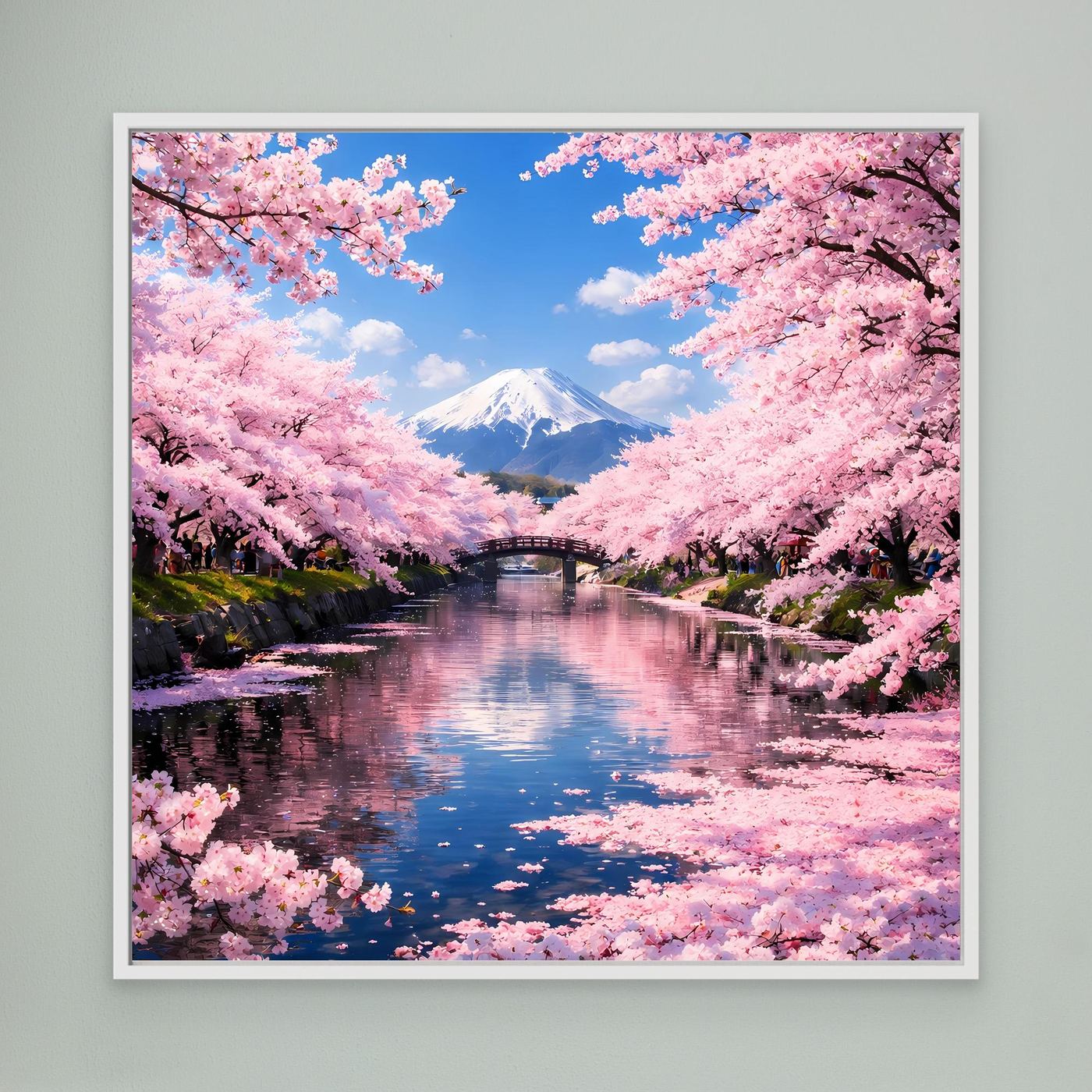 Leinwandbild mit rosa Kirschblüten, Berg Fuji und Fluss mit Brücke, weiß gerahmt