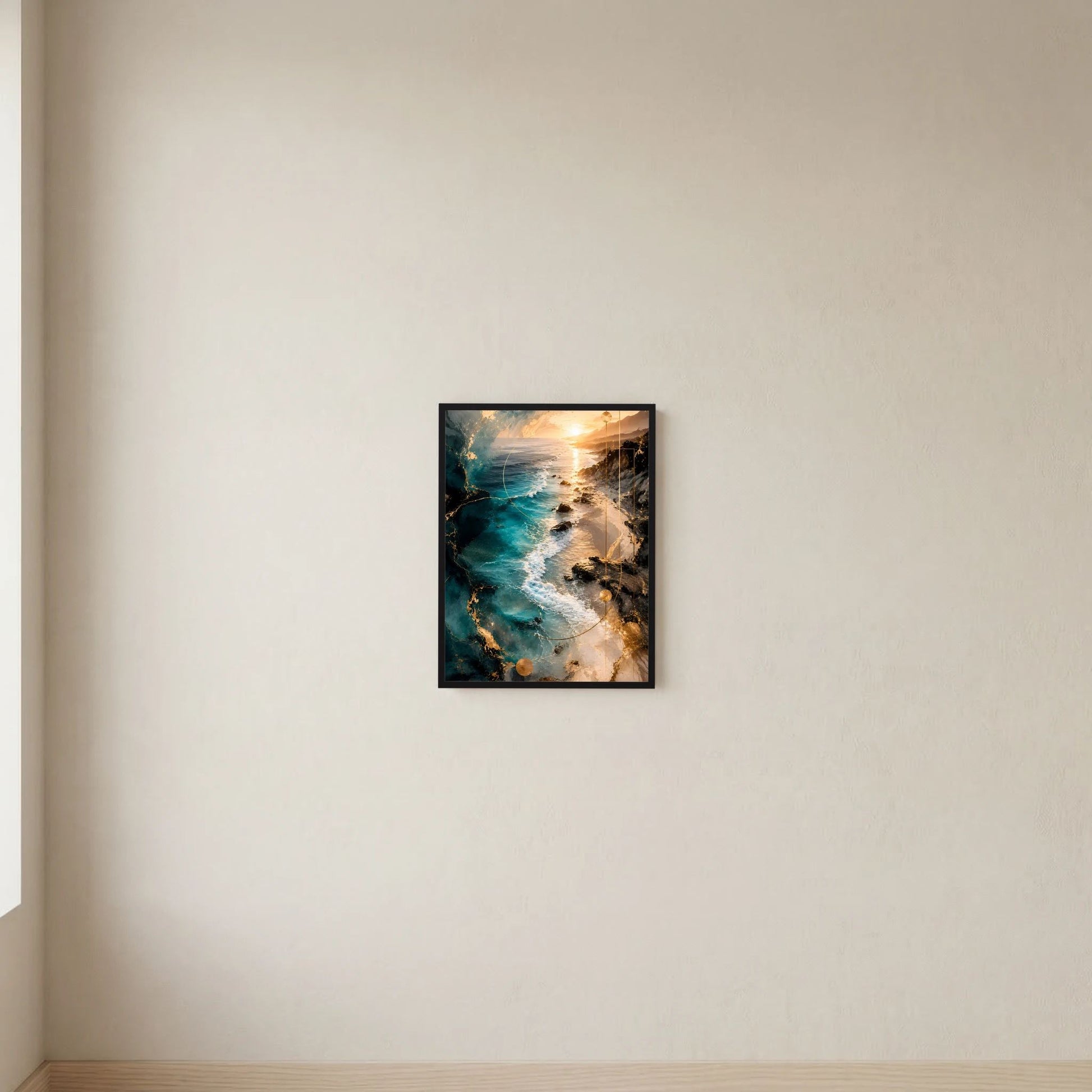 Schwarz gerahmtes Poster der abstrakten Küste in Türkis und Goldtönen, Hochformat