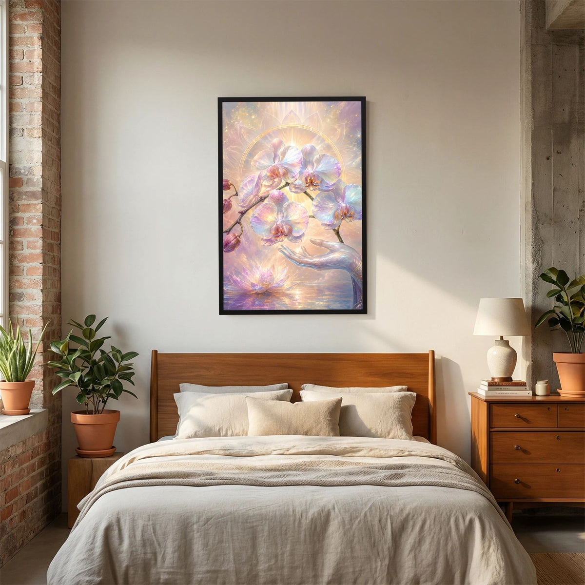 Hochformatiges Kunstposter mit Orchideen- und Lotusmotiv, Perlmutt-Pastell, schwarzer Rahmen