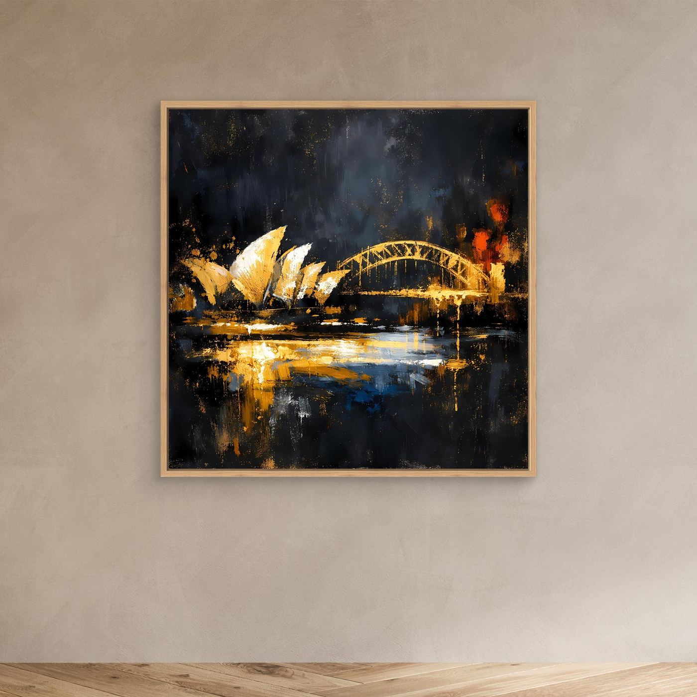 Leinwand Goldene Skyline von Sydney bei Nacht | Modernes Australien Wandbild