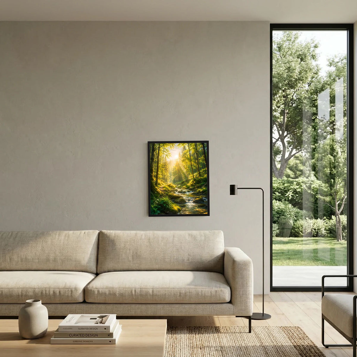 Hochformat-Poster mit Waldlichtung und Waldbach, schwarz gerahmt
