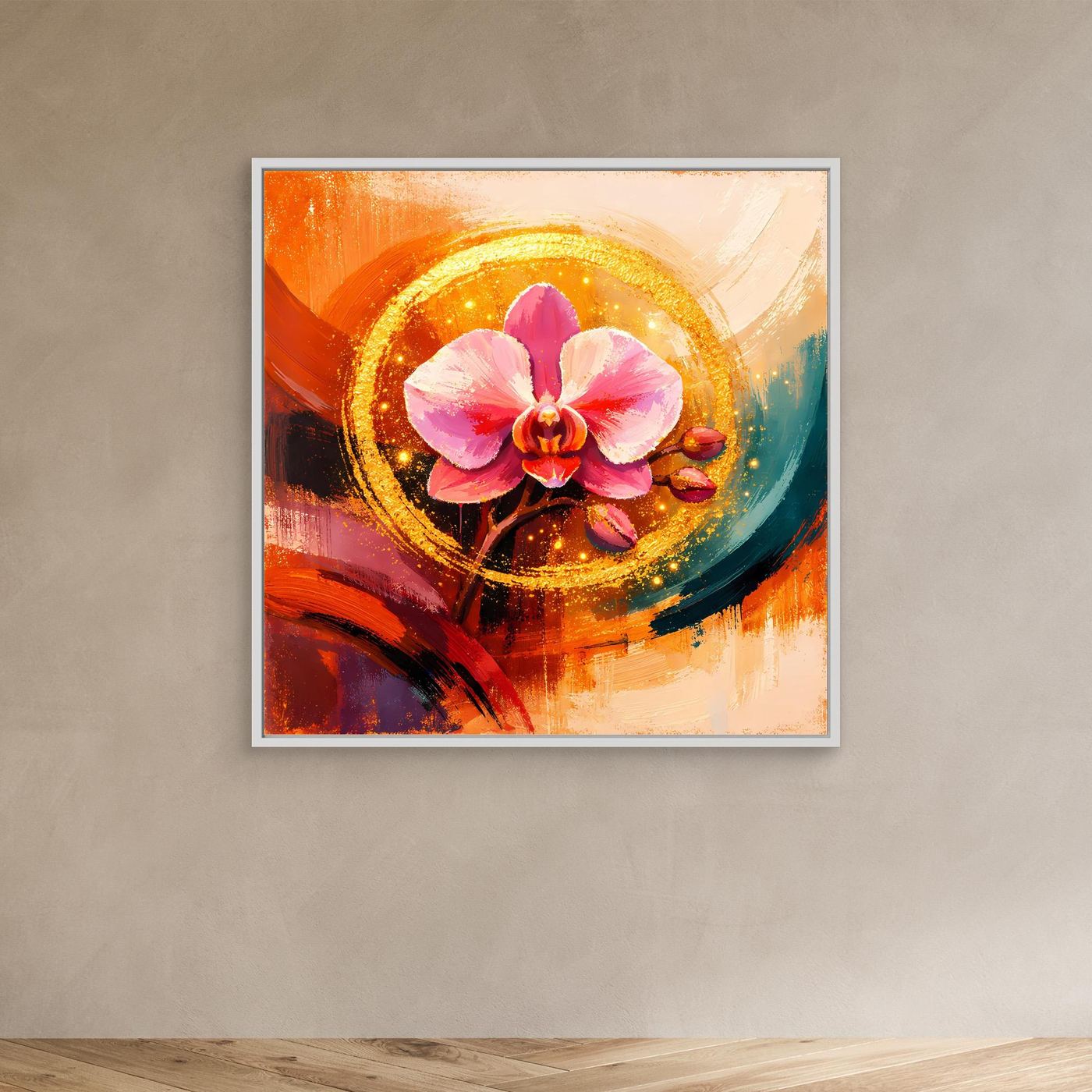 Florales Leinwandbild mit goldener Orchidee im Kreis, weiß gerahmt