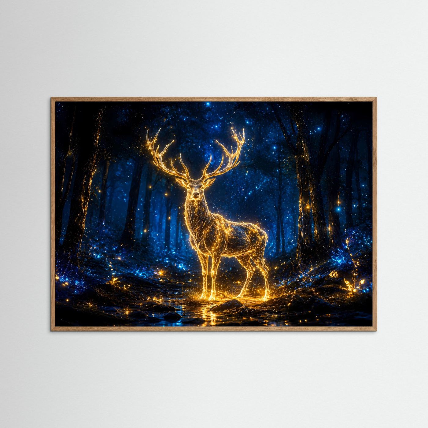 Leuchtender Hirsch Poster | Mystischer Wald Wandbild | Magisches Hirschmotiv in Blau und Gold
