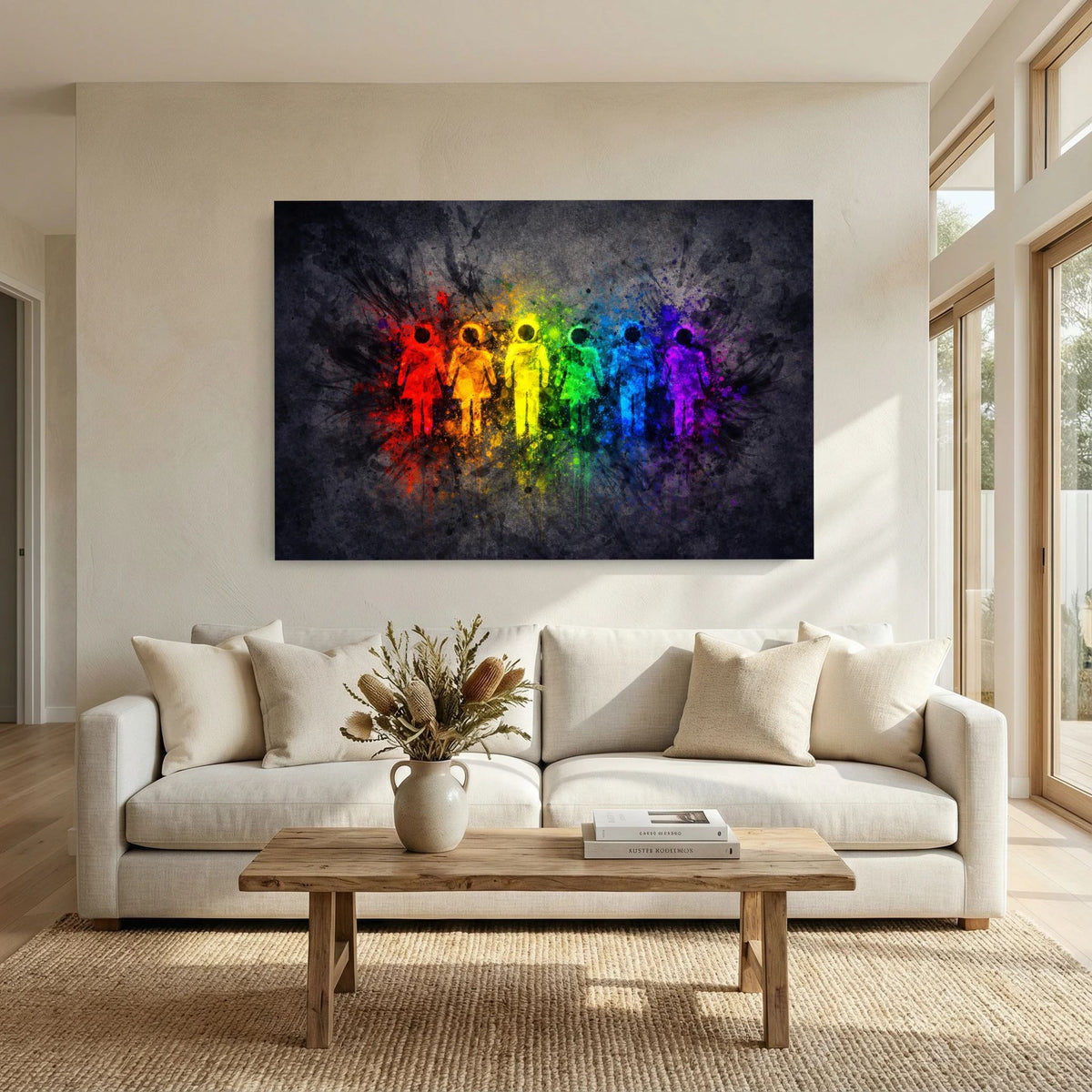 Gerahmtes Wandbild im Querformat: Regenbogenfarben mit Menschenfiguren im Farbnebel