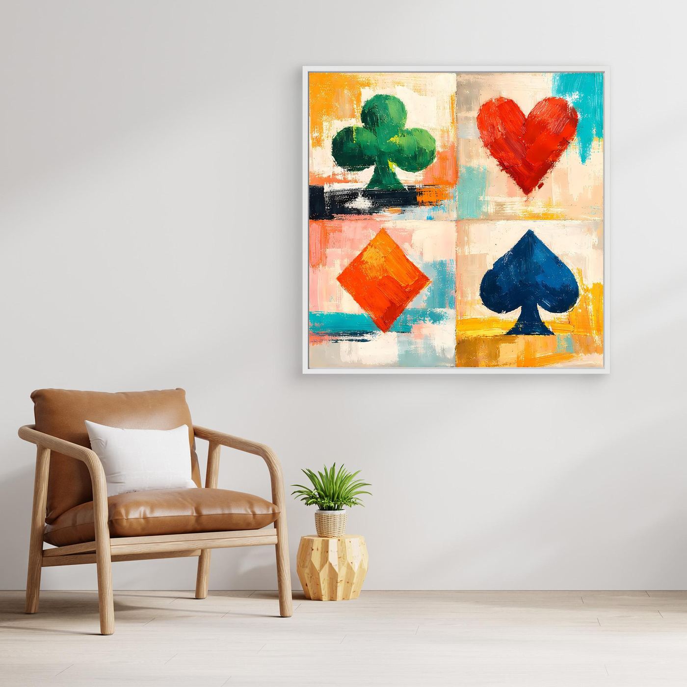 Leinwand-Wandbild mit bunten Spielkarten-Symbolen im quadratischen Farb-Mix