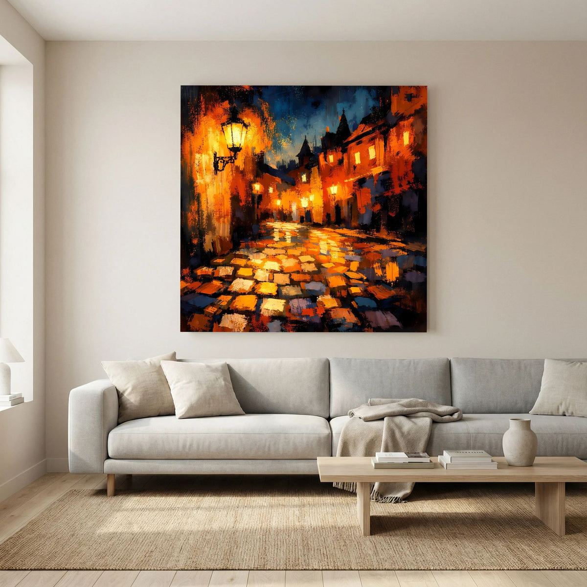 Leinwand Abstraktes Altstadt Gemälde | Modernes Romantisches Gassen Wandbild bei Nacht