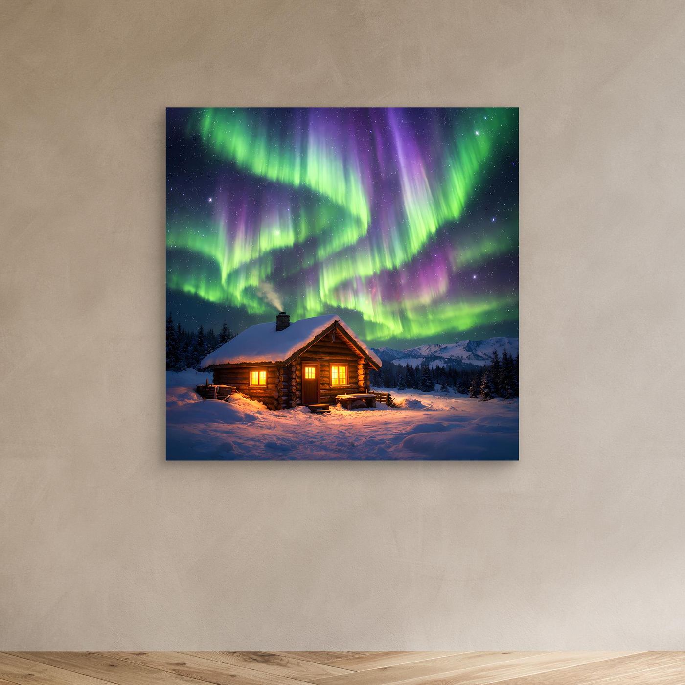 Leinwandbild mit Polarlichtern und Hütte im Winter, ohne Rahmen, warm beleuchtete Fenster