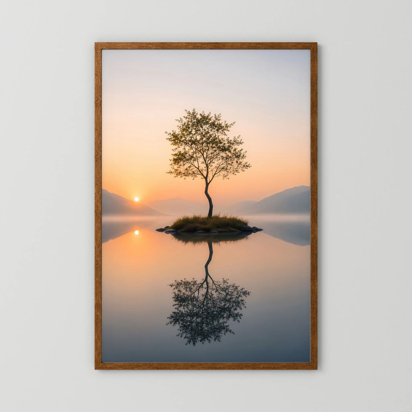 Hochformat-Poster: einsamer Baum auf Insel im See mit Spiegelung, brauner Holzrahmen