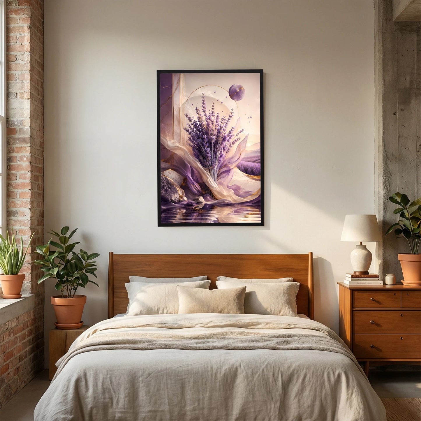 Poster im Hochformat mit schwarzem Rahmen und Lavendelstrauß im goldfarbenen Licht