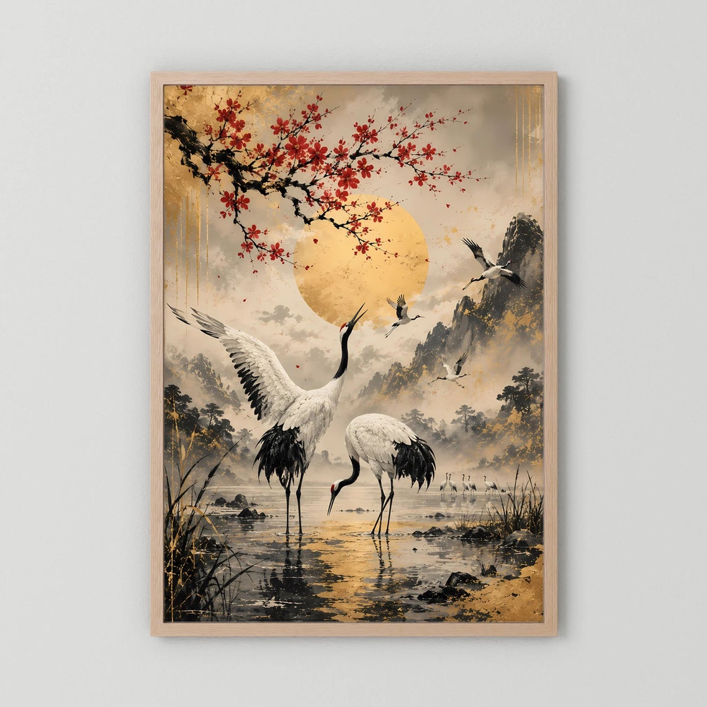 Poster im Hochformat: Kraniche, roter Blütenzweig und goldene Sonne, heller Holzrahmen