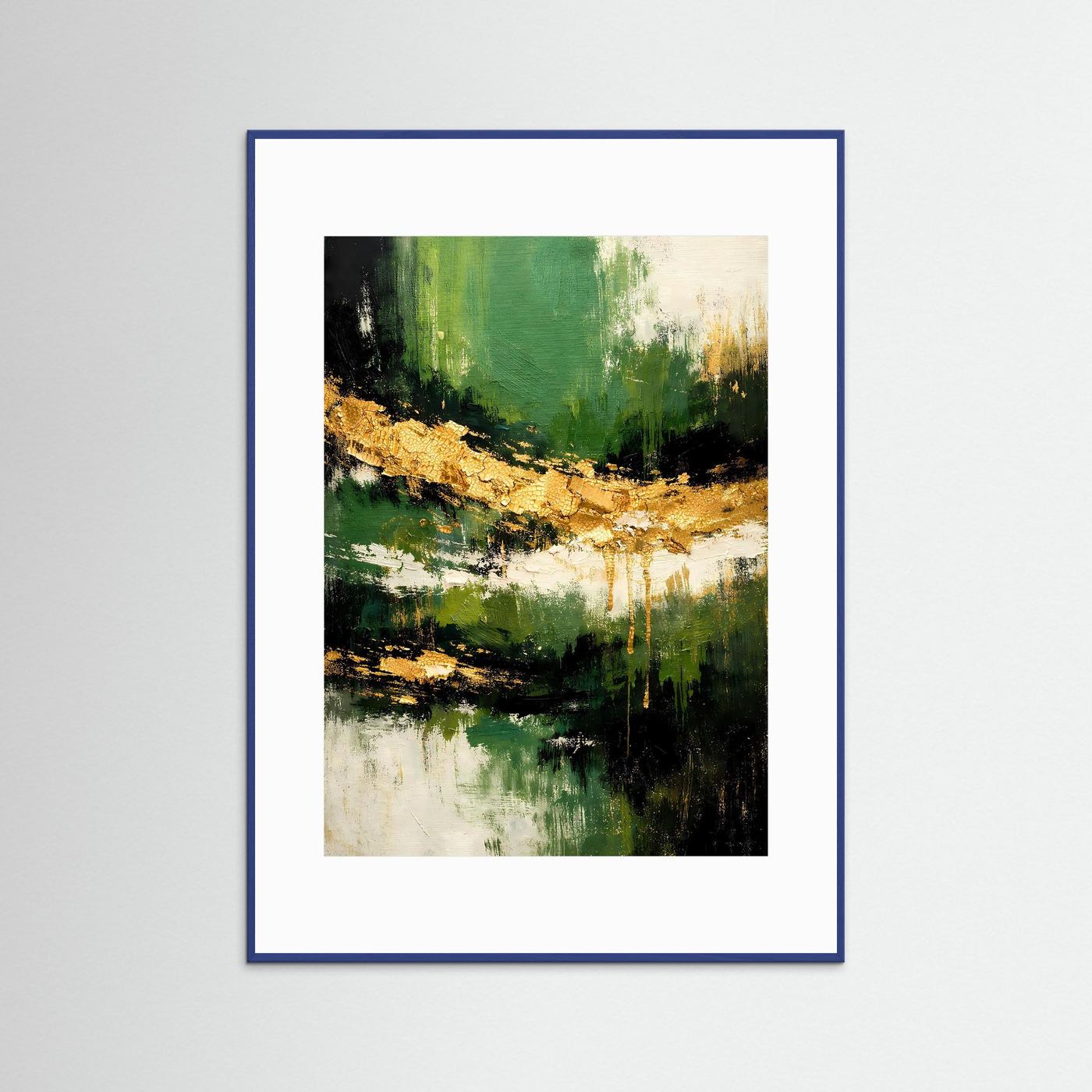 Abstraktes Poster im Hochformat mit Landschaftsmotiv, moosgrün und goldfarben, blauer Rahmen