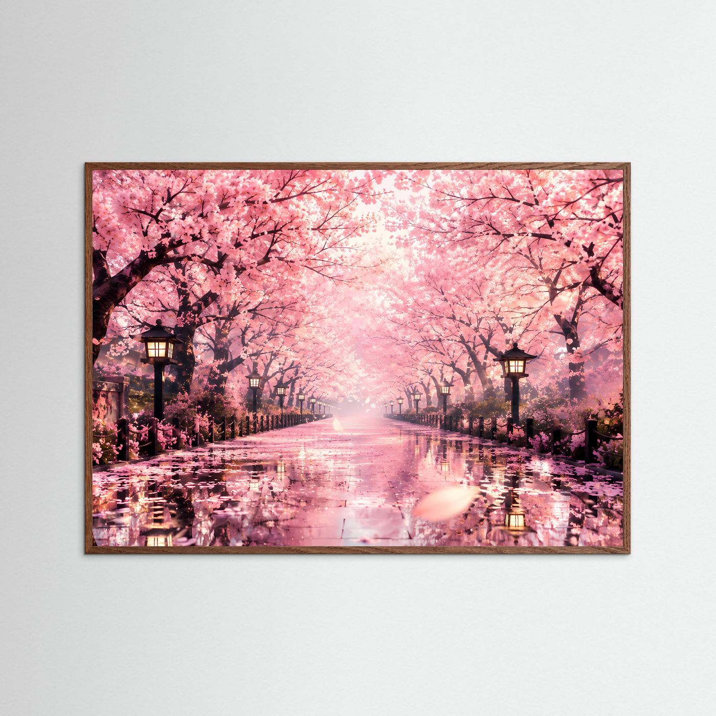 Poster mit Kirschblütenallee im braunen Rahmen: pinke Blüten, Laternenreihe und Wasserreflexe